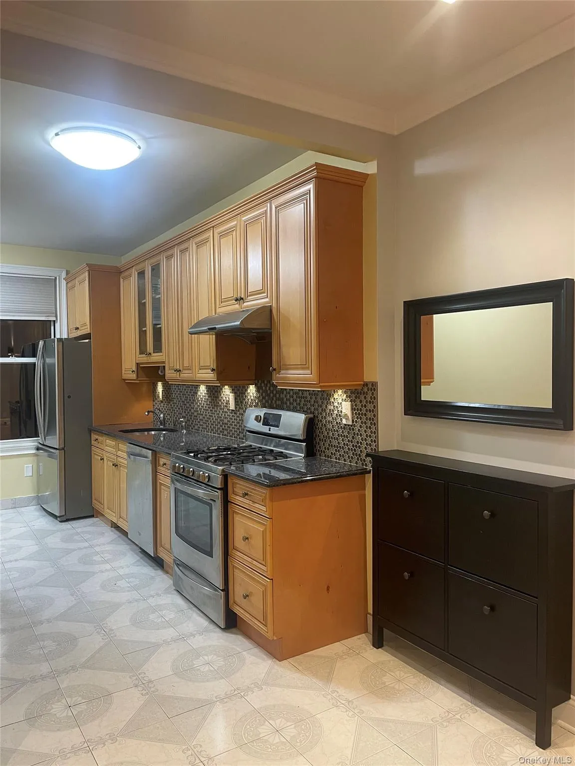 Kitchen featuring appliances with stainless steel finishes, dark stone counters, glass insert cabinets, under cabinet range hood, and decorative backsplash Kitchen featuring appliances with stainless steel finishes, dark stone counters, glass insert cabinets, under cabinet range hood, and decorative backsplash