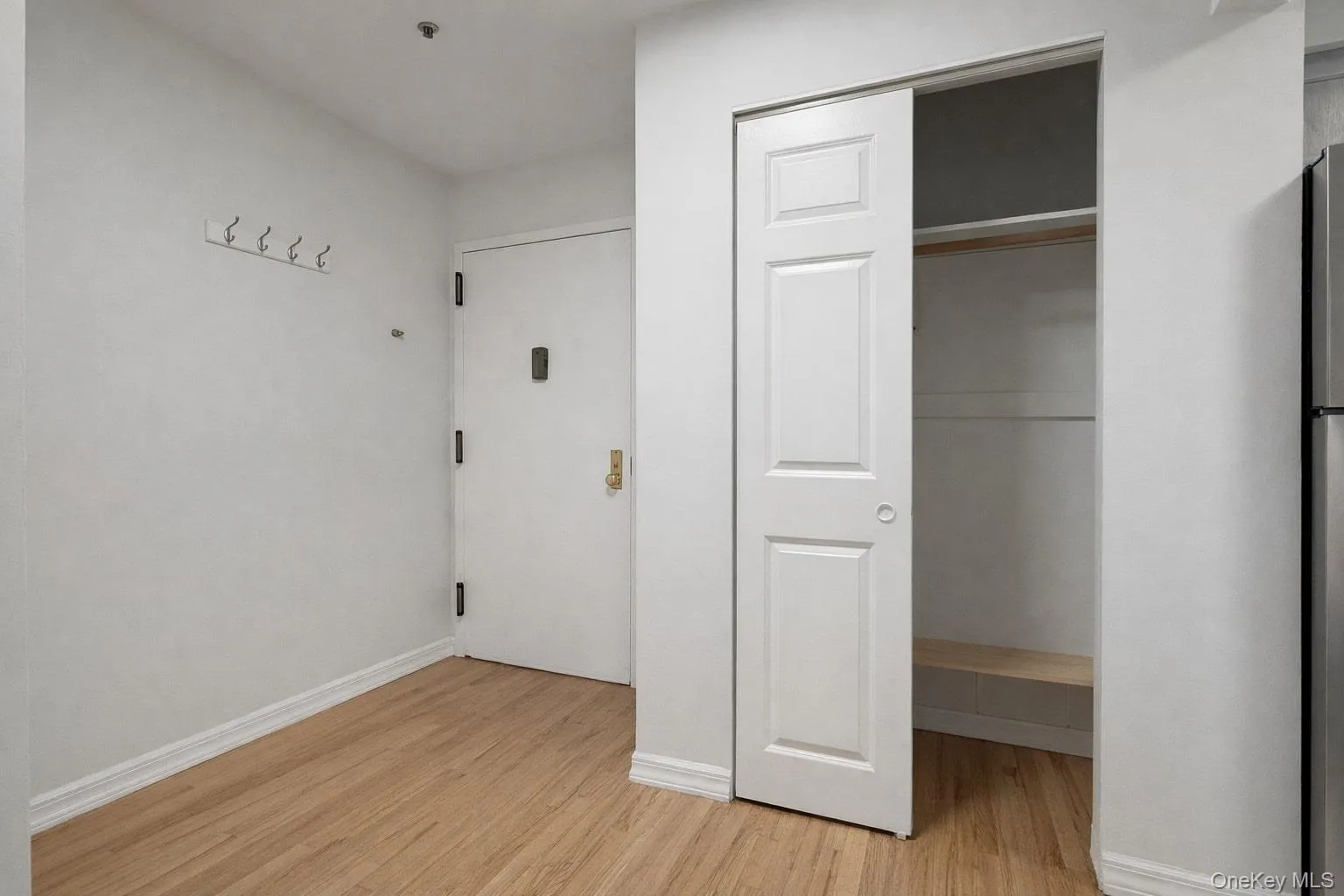 Unfurnished bedroom featuring light wood-style floors, a closet, and freestanding refrigerator Unfurnished bedroom featuring light wood-style floors, a closet, and freestanding refrigerator