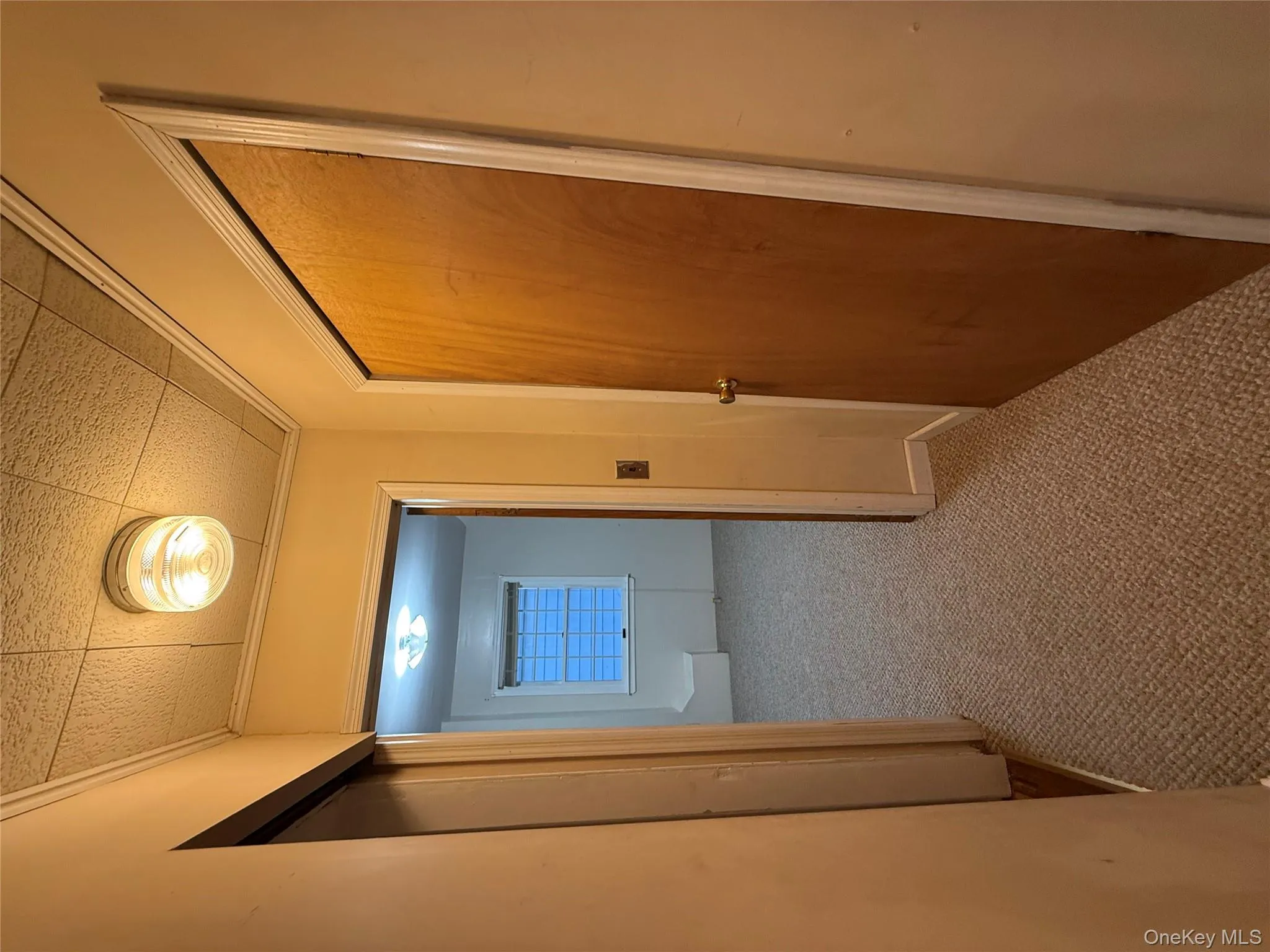 Hallway with carpet flooring and ornamental molding Hallway with carpet flooring and ornamental molding