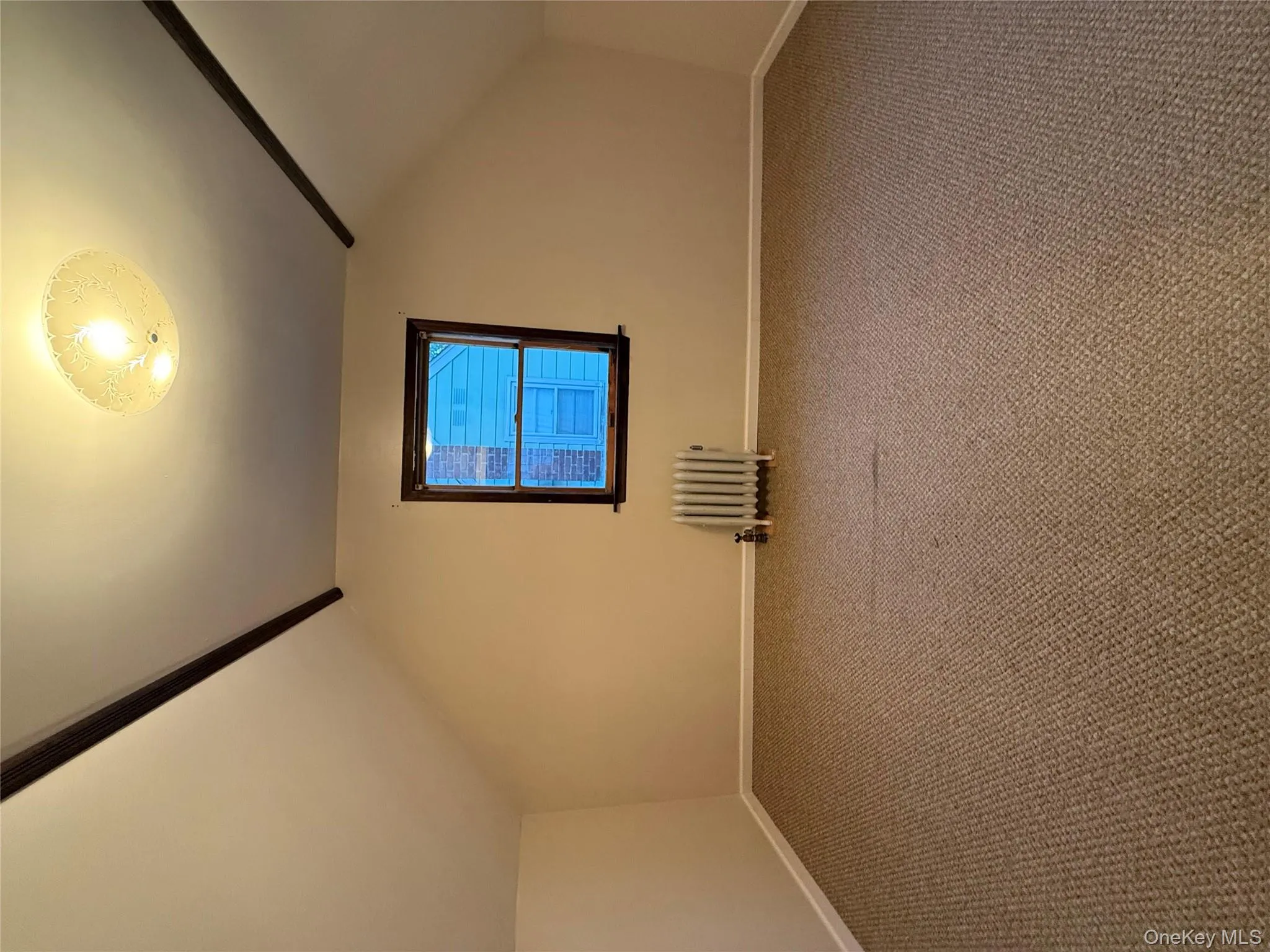 Additional living space featuring lofted ceiling, carpet, and radiator Additional living space featuring lofted ceiling, carpet, and radiator