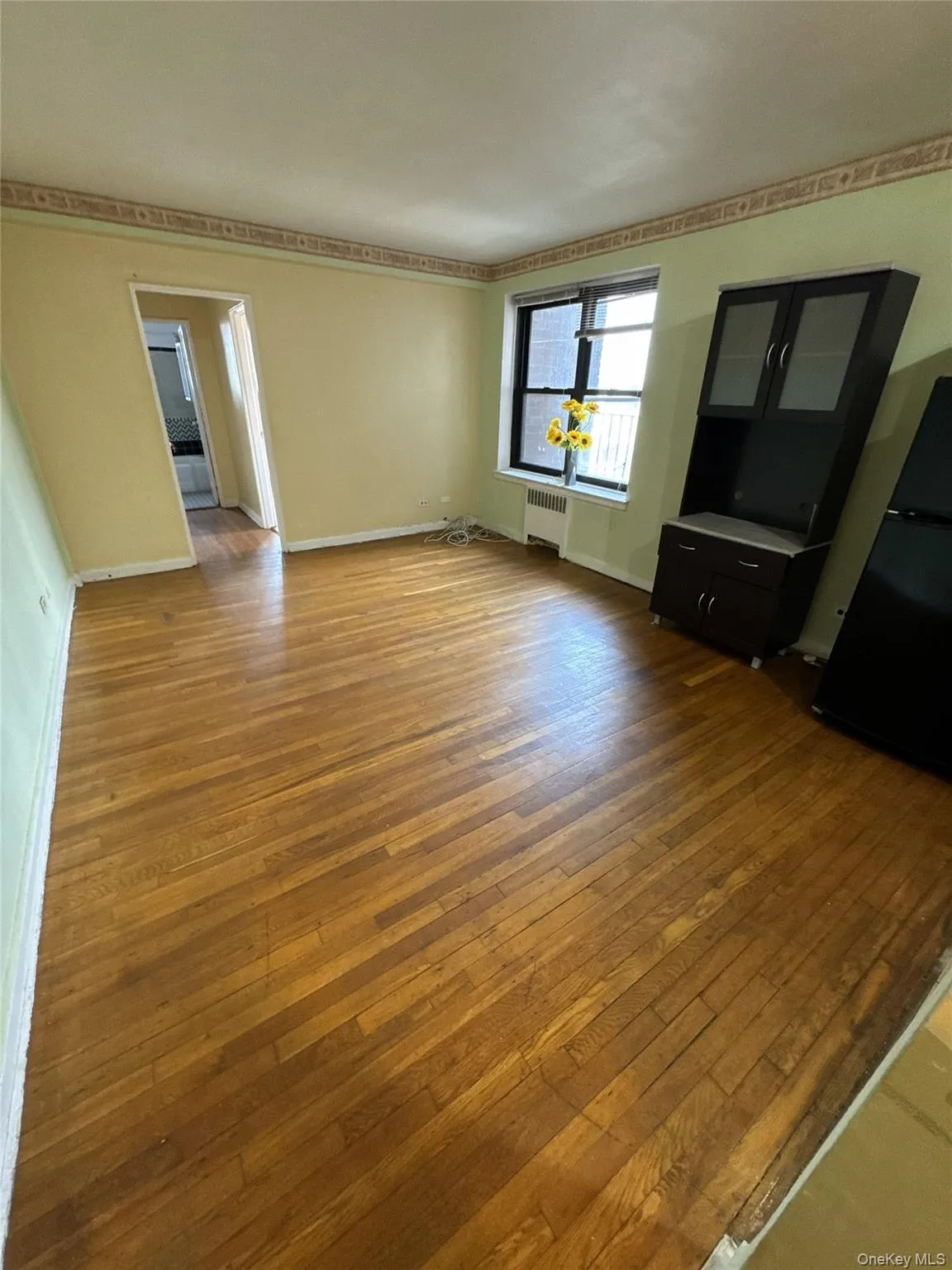 Unfurnished living room featuring dark wood-type flooring and radiator heating unit Unfurnished living room featuring dark wood-type flooring and radiator heating unit