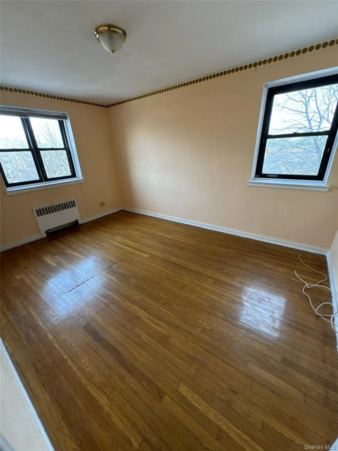 Empty room with radiator heating unit and hardwood / wood-style flooring Empty room with radiator heating unit and hardwood / wood-style flooring