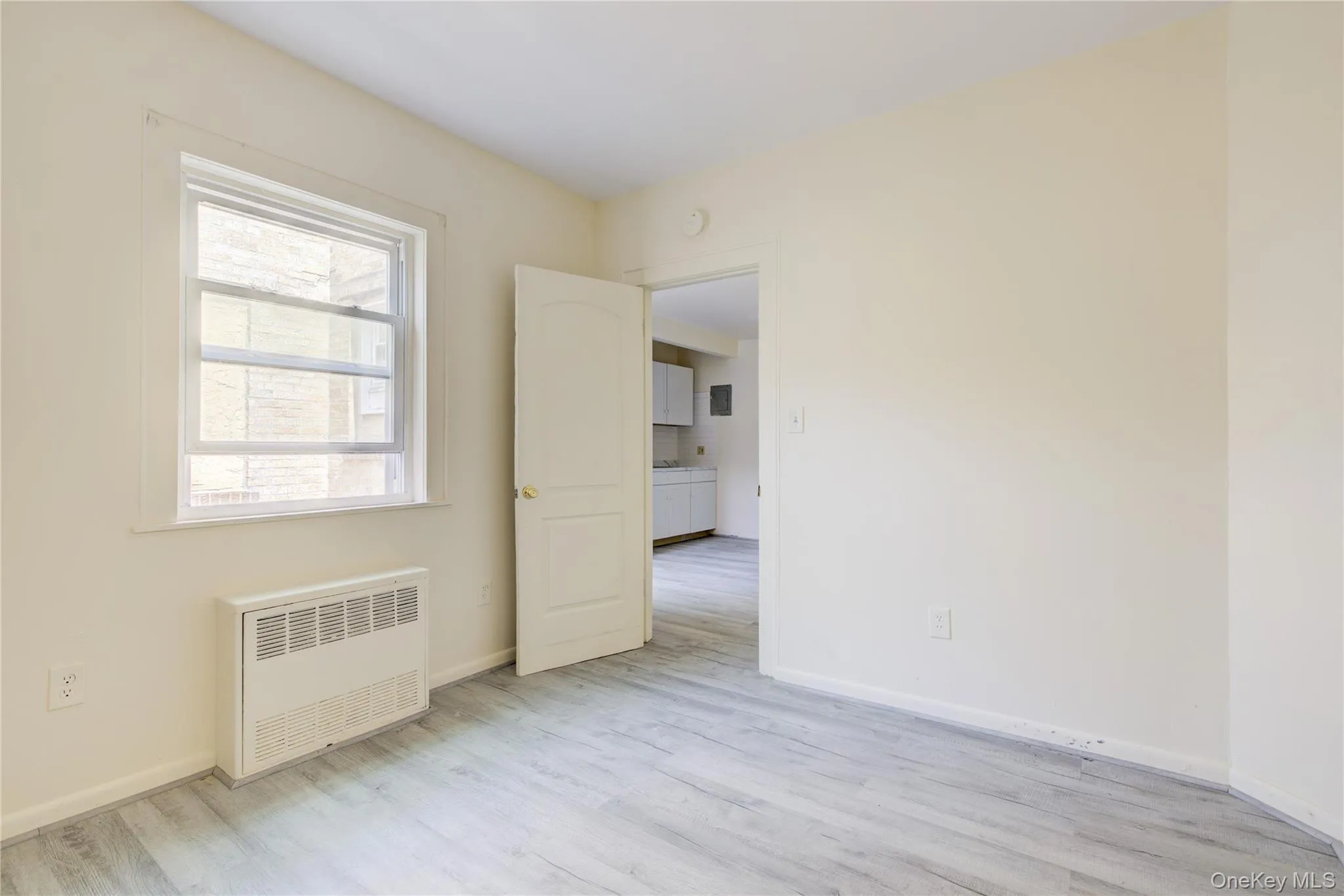 Unfurnished room with light wood-style flooring and radiator Unfurnished room with light wood-style flooring and radiator