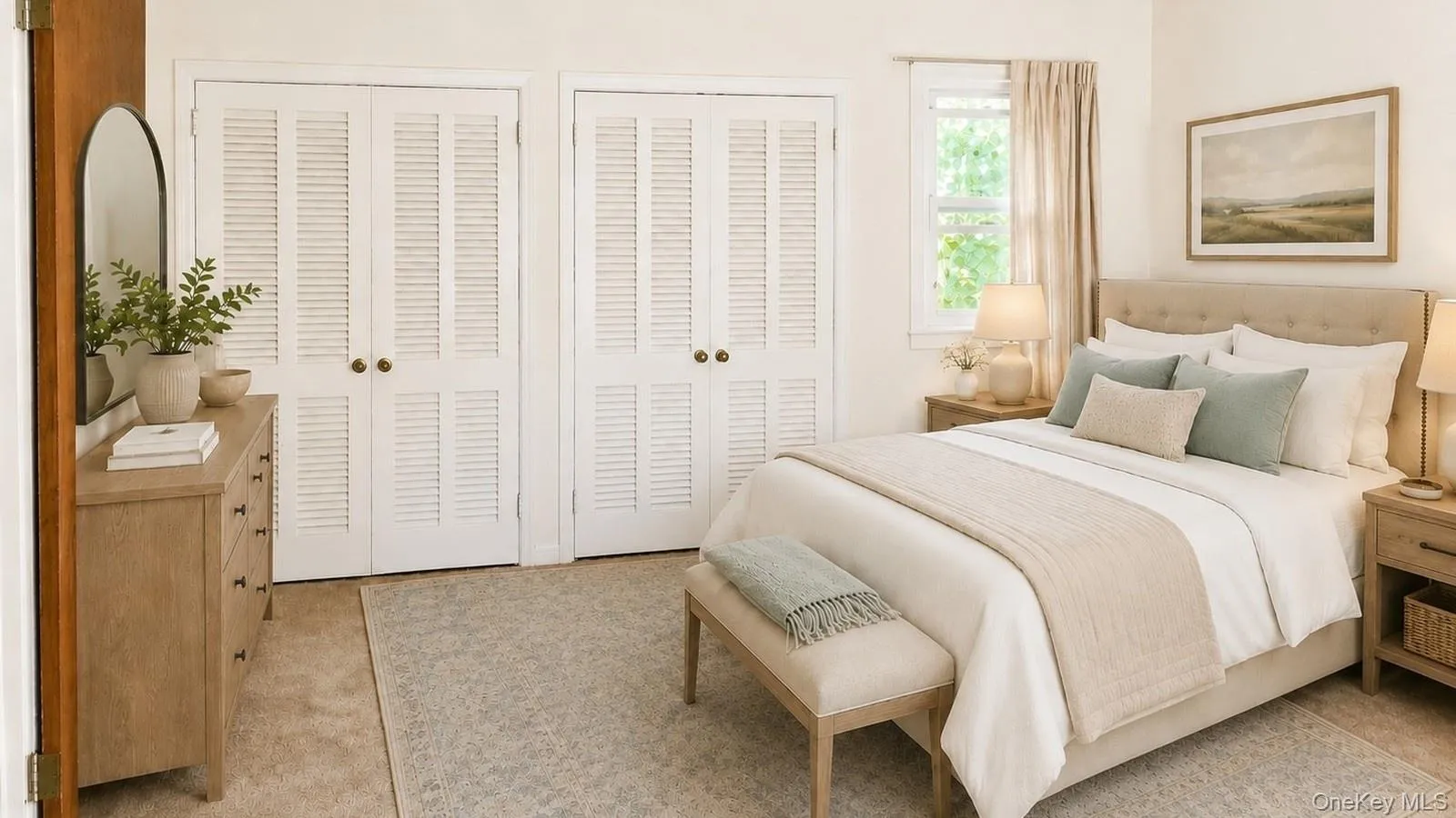 Virtually staged real estate listing photo showing the primary bedroom at 9 Sheep Pasture Lane in Huntington, NY, 11743 with two closet doors, bed, dresser, nightstands, and neutral decor. Virtually staged real estate listing photo showing the primary bedroom at 9 Sheep Pasture Lane in Huntington, NY, 11743 with two closet doors, bed, dresser, nightstands, and neutral decor.