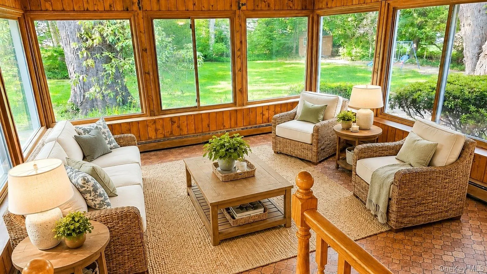 Virtually Staged Sunroom featuring wood-paneled walls and ceiling, extensive window coverage, and patterned tile flooring Virtually Staged Sunroom featuring wood-paneled walls and ceiling, extensive window coverage, and patterned tile flooring