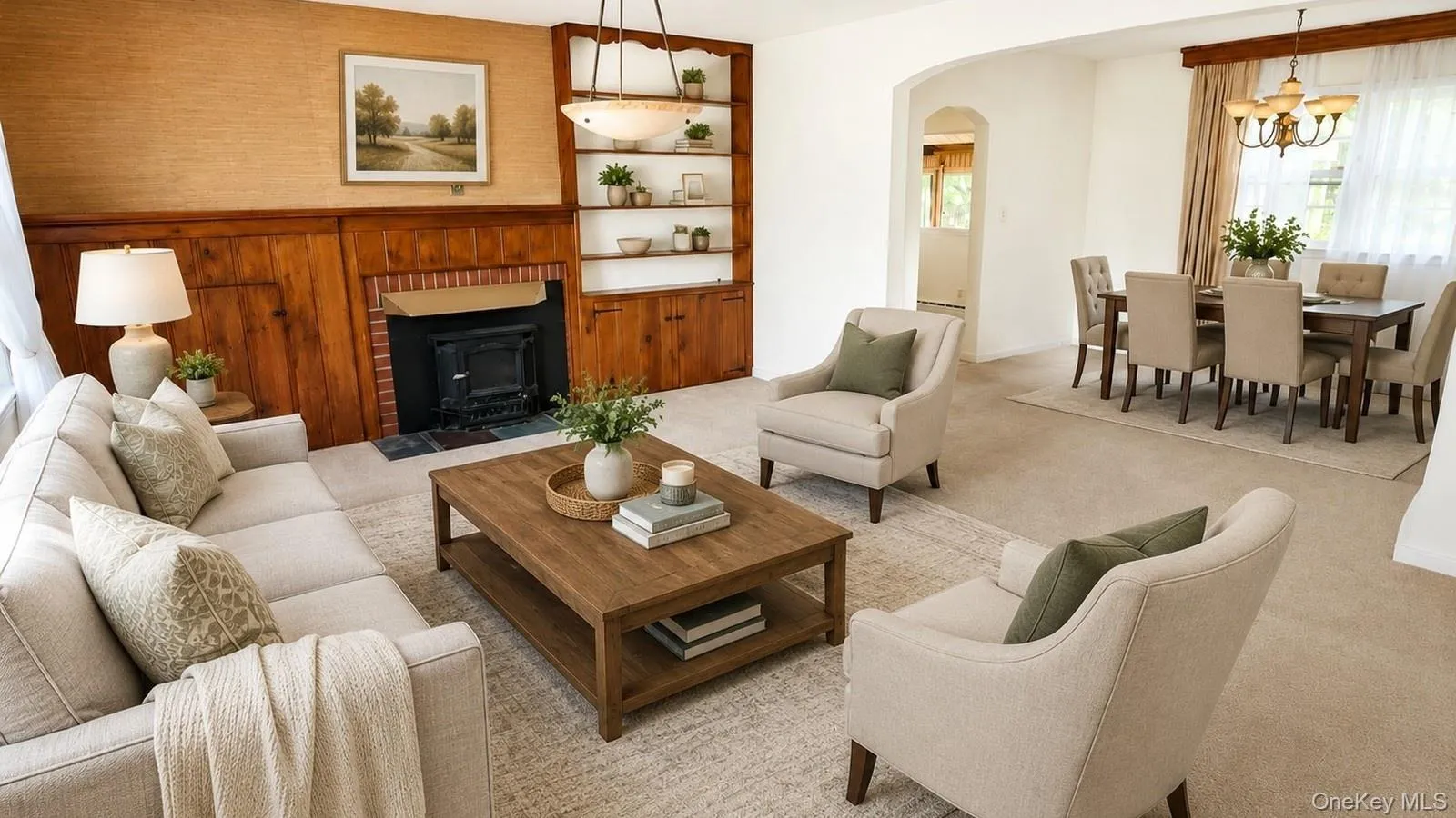 Virtually staged real estate listing photo showing the living room and dining room at 9 Sheep Pasture Lane in Huntington, NY 11743 with fireplace, built-ins, seating area, and dining area. Virtually staged real estate listing photo showing the living room and dining room at 9 Sheep Pasture Lane in Huntington, NY 11743 with fireplace, built-ins, seating area, and dining area.