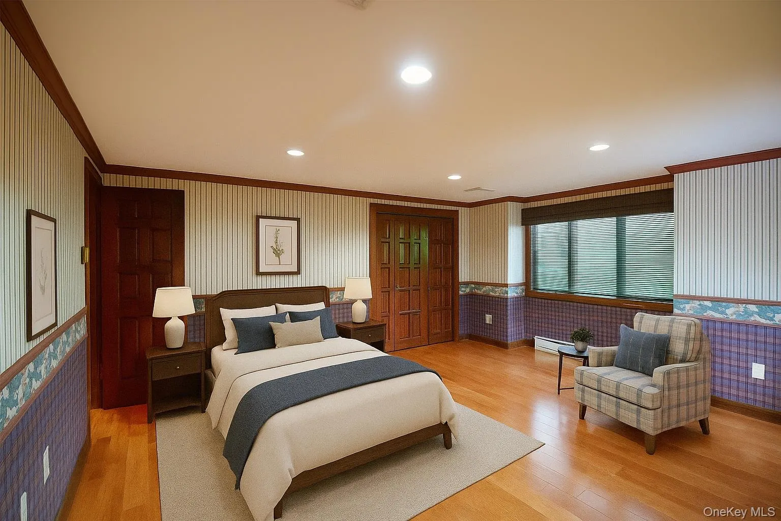 Bedroom with wallpapered walls, ornamental molding, light wood-style floors, recessed lighting, and a baseboard radiator Bedroom with wallpapered walls, ornamental molding, light wood-style floors, recessed lighting, and a baseboard radiator