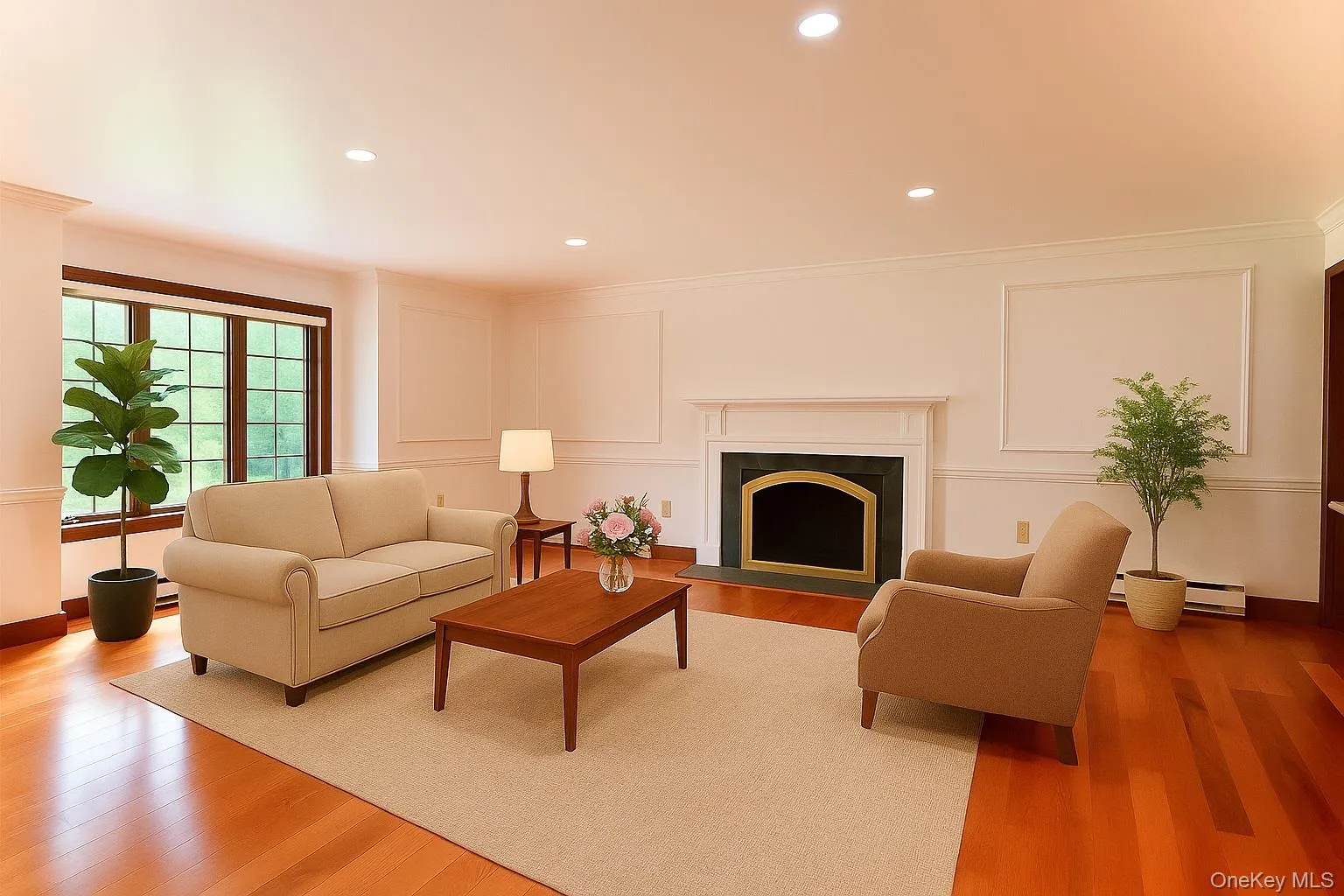 Living room featuring a fireplace with flush hearth, light wood-style floors, recessed lighting, crown molding, and a baseboard heating unit Living room featuring a fireplace with flush hearth, light wood-style floors, recessed lighting, crown molding, and a baseboard heating unit