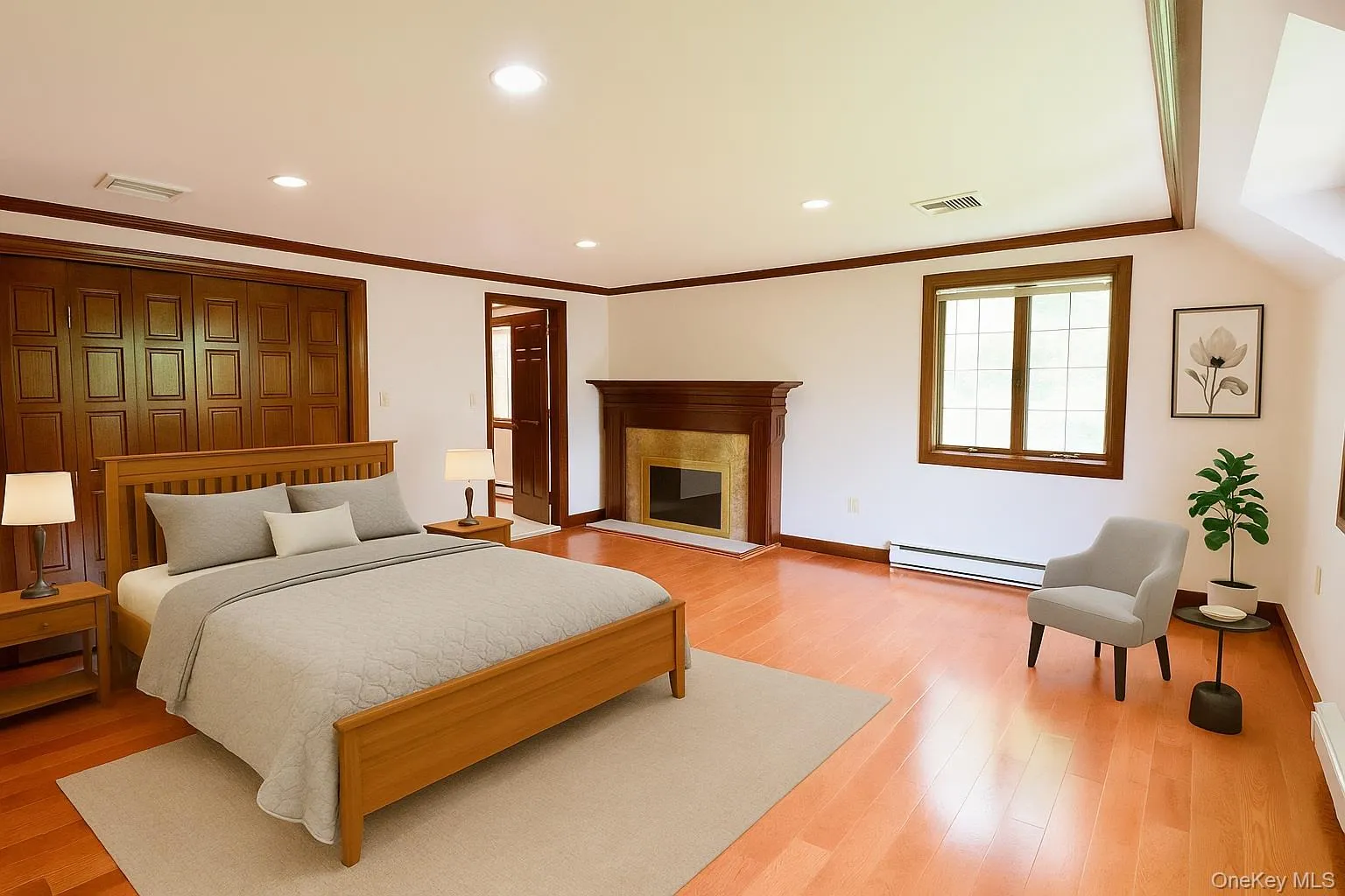 Bedroom featuring crown molding, recessed lighting, a baseboard radiator, light wood finished floors, and a fireplace Bedroom featuring crown molding, recessed lighting, a baseboard radiator, light wood finished floors, and a fireplace