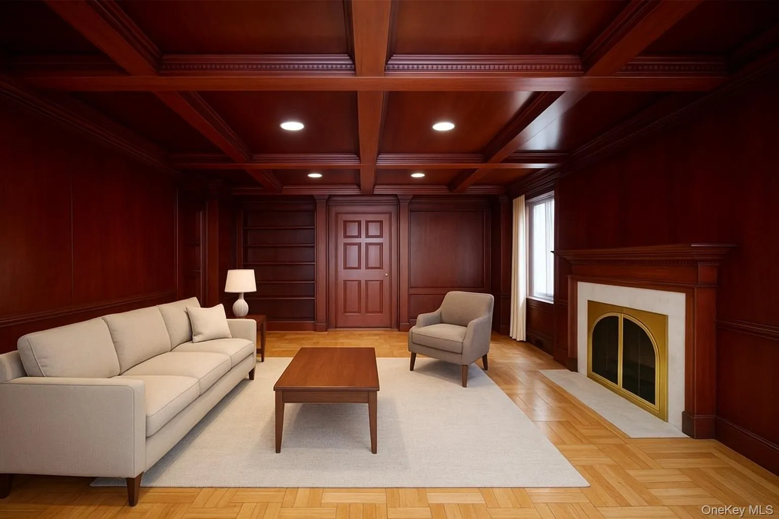 Living room featuring wooden walls, coffered ceiling, ornamental molding, recessed lighting, and a fireplace Living room featuring wooden walls, coffered ceiling, ornamental molding, recessed lighting, and a fireplace