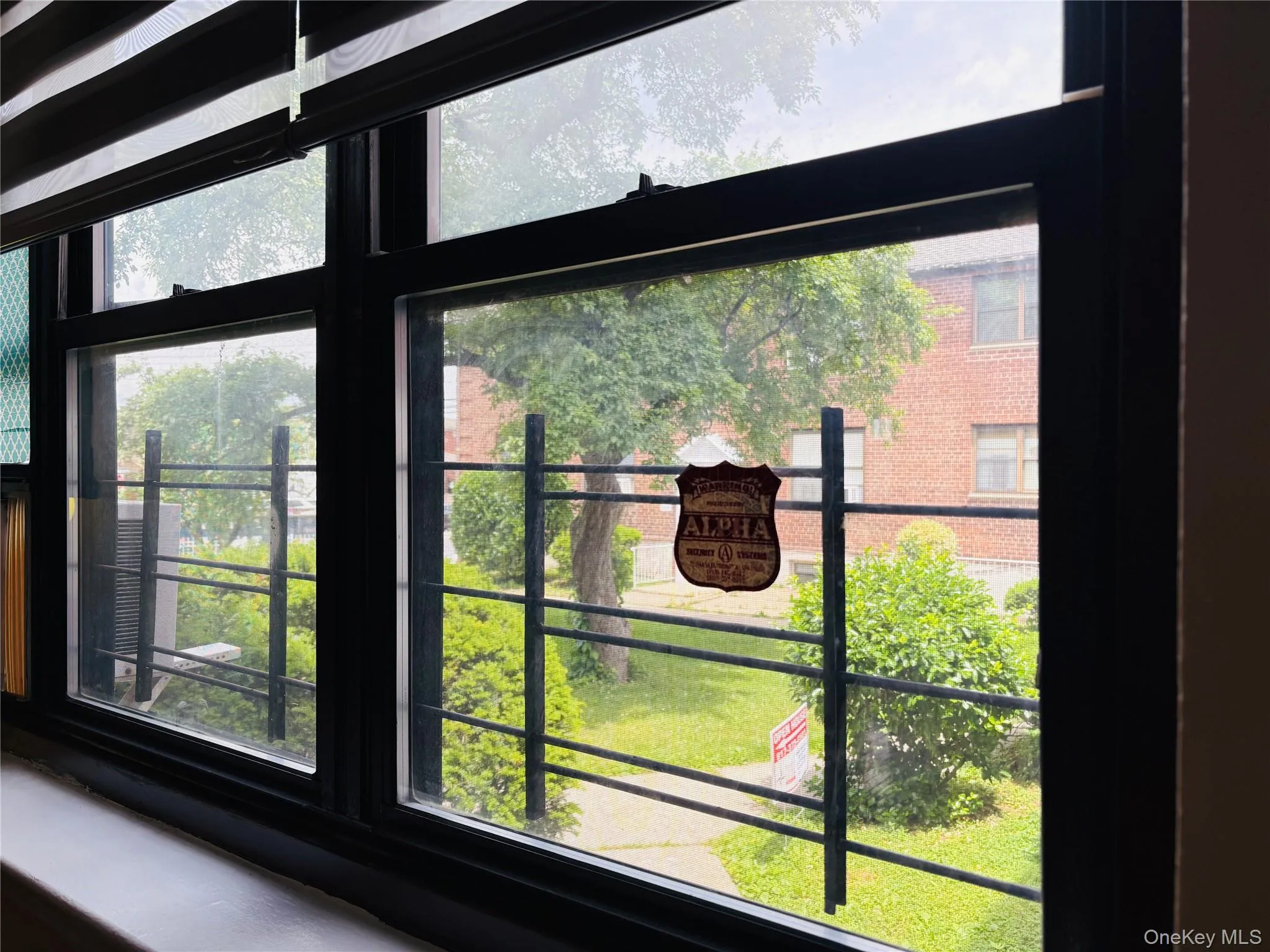 Black-framed window with exterior security bars, overlooking green landscaping and a brick building Black-framed window with exterior security bars, overlooking green landscaping and a brick building