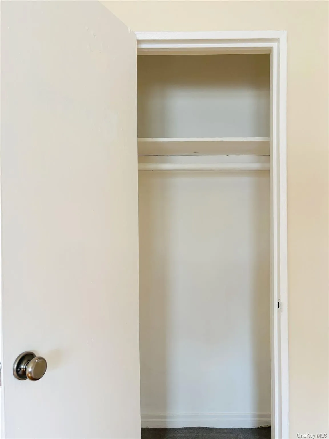 Interior closet featuring a single shelf, clothes rod, and dark carpet flooring Interior closet featuring a single shelf, clothes rod, and dark carpet flooring