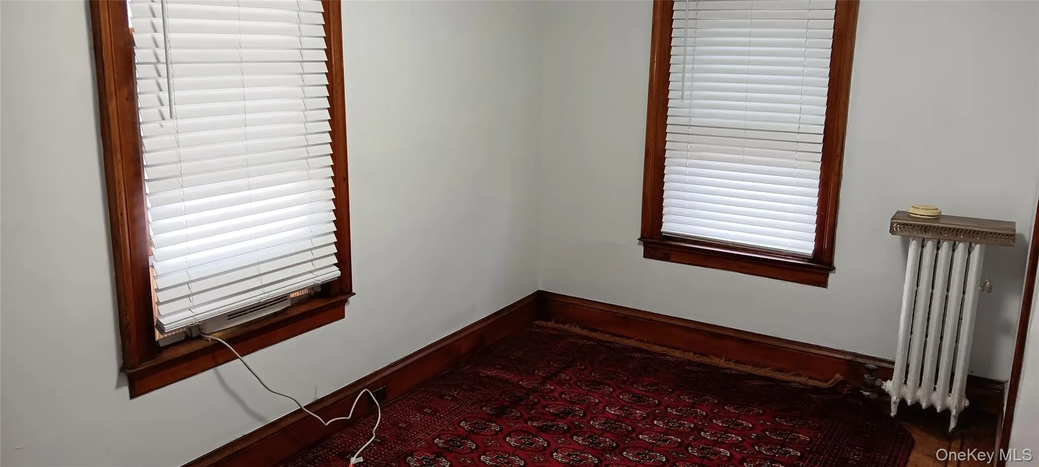 Empty room featuring radiator heating unit, dark colored carpet, and plenty of natural light Empty room featuring radiator heating unit, dark colored carpet, and plenty of natural light