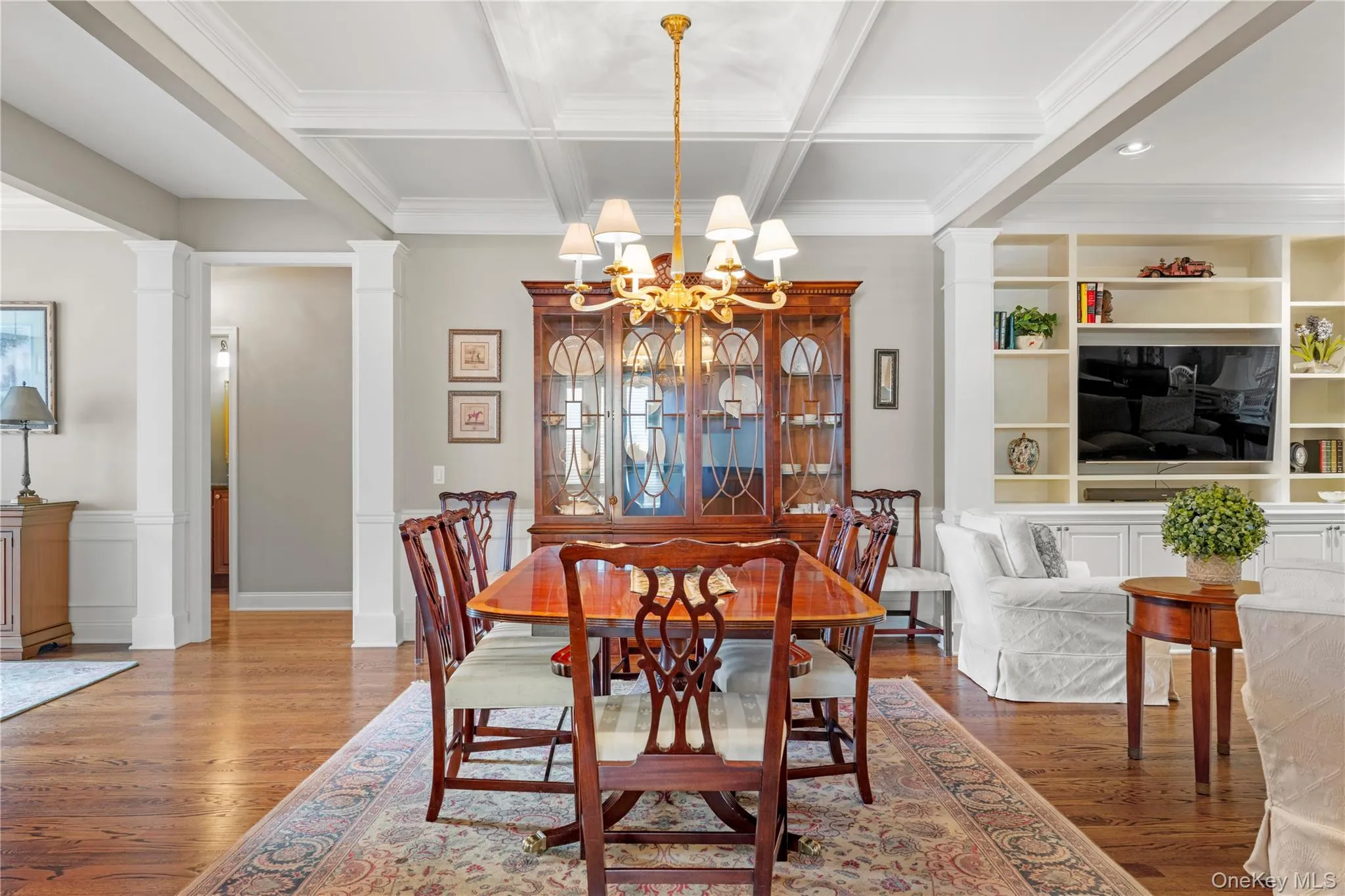 Dining area with coffered ceilings. Dining area with coffered ceilings.