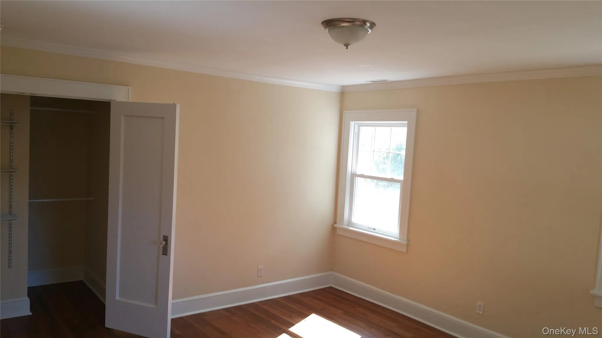 Unfurnished bedroom featuring dark wood-type flooring and ornamental molding Unfurnished bedroom featuring dark wood-type flooring and ornamental molding