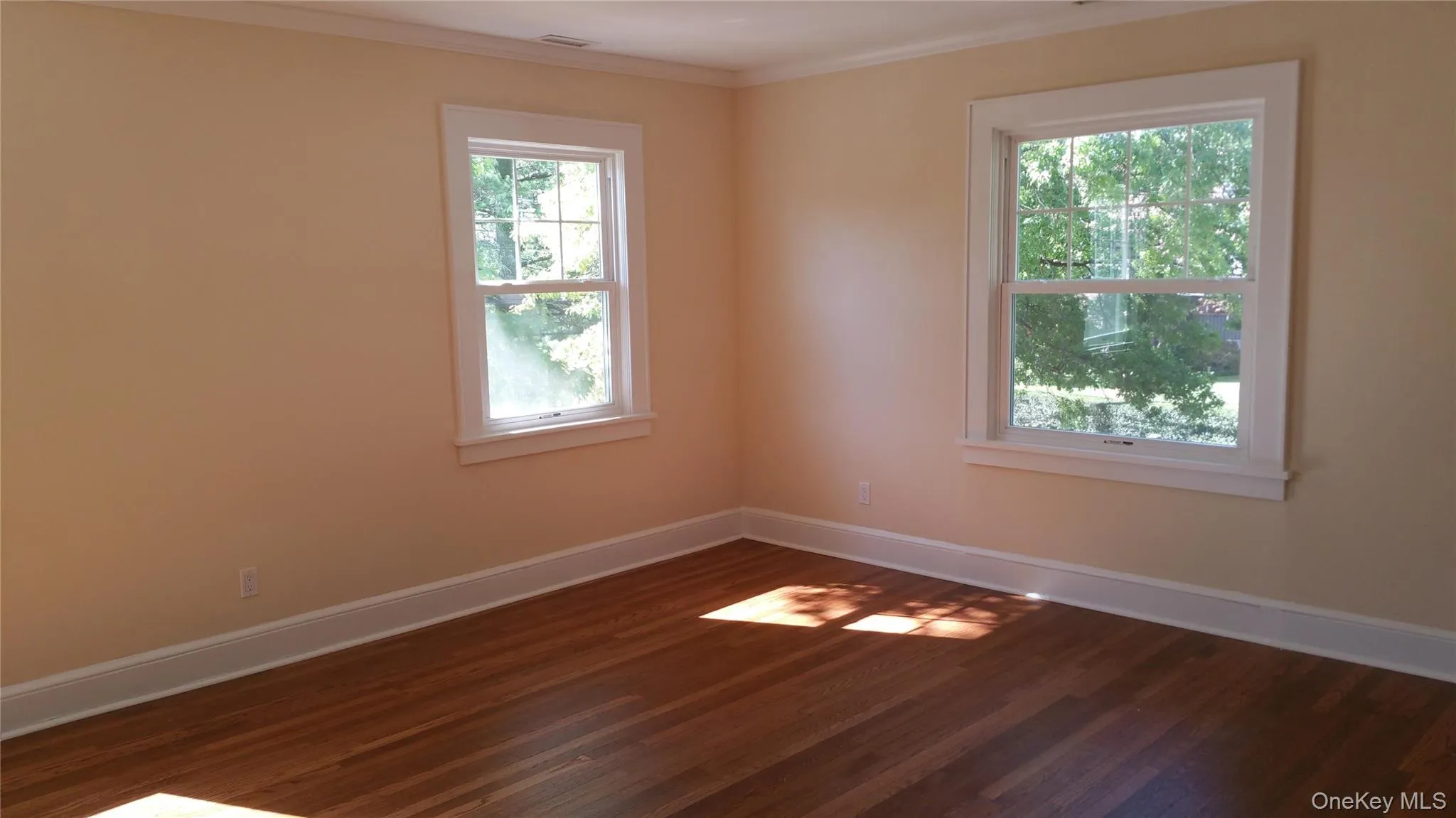 Empty room with dark wood-type flooring and ornamental molding Empty room with dark wood-type flooring and ornamental molding