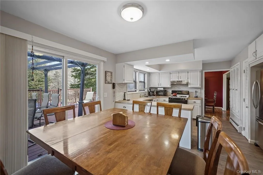 Dining area with dark wood-style floors, a baseboard radiator, and recessed lighting Dining area with dark wood-style floors, a baseboard radiator, and recessed lighting