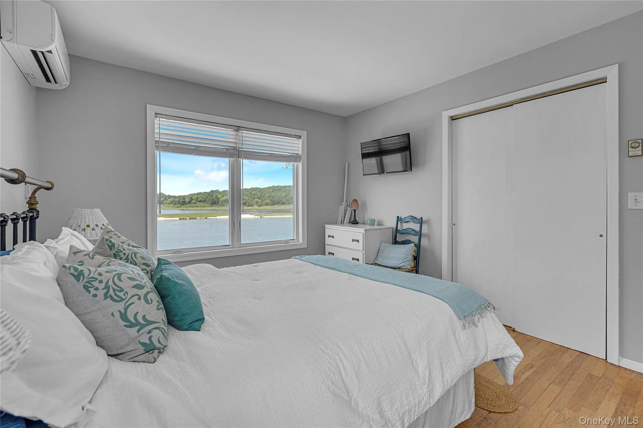 Bedroom with a wall unit AC, light wood-style floors, and a closet Bedroom with a wall unit AC, light wood-style floors, and a closet