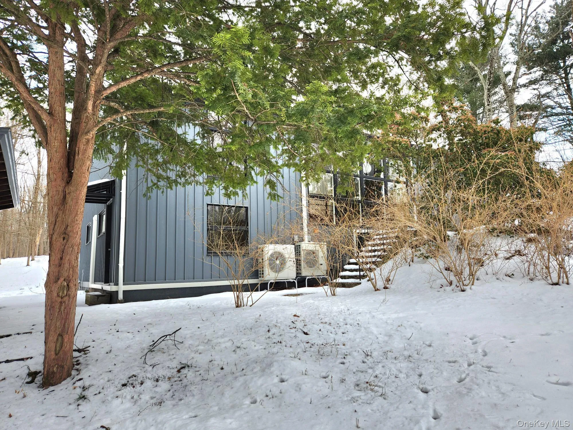 Yard covered in snow with stairway Yard covered in snow with stairway