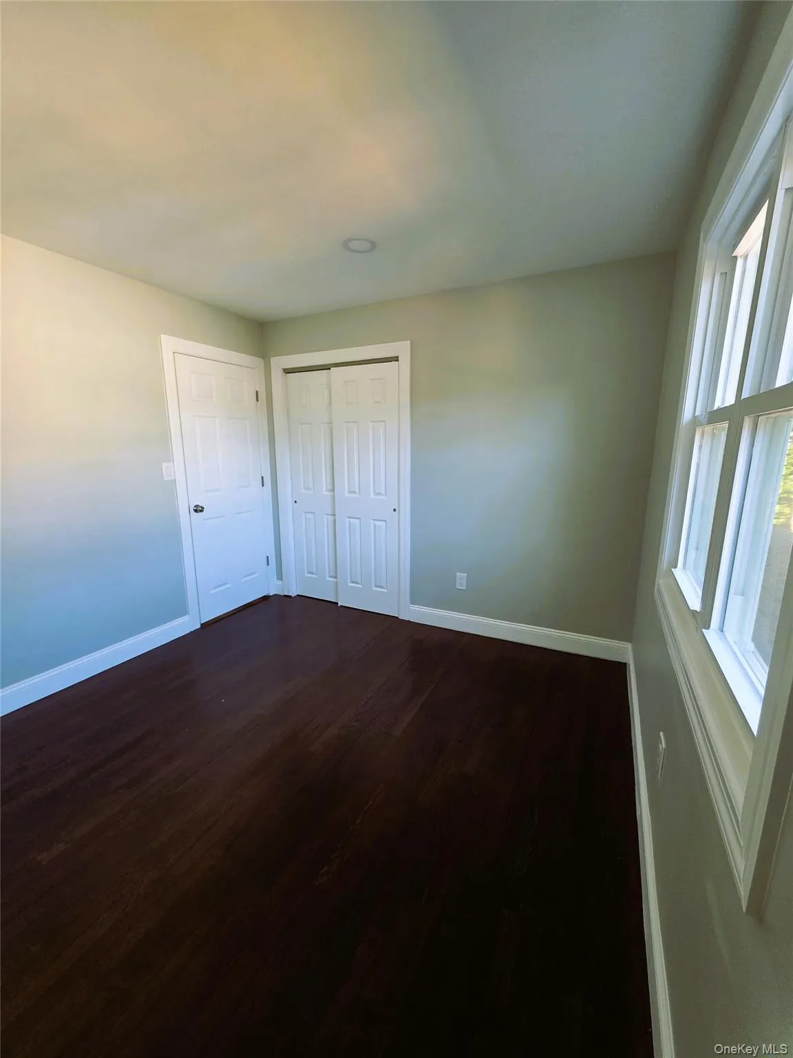 Interior room featuring dark wood-finish flooring, light green painted walls, and white trim Interior room featuring dark wood-finish flooring, light green painted walls, and white trim