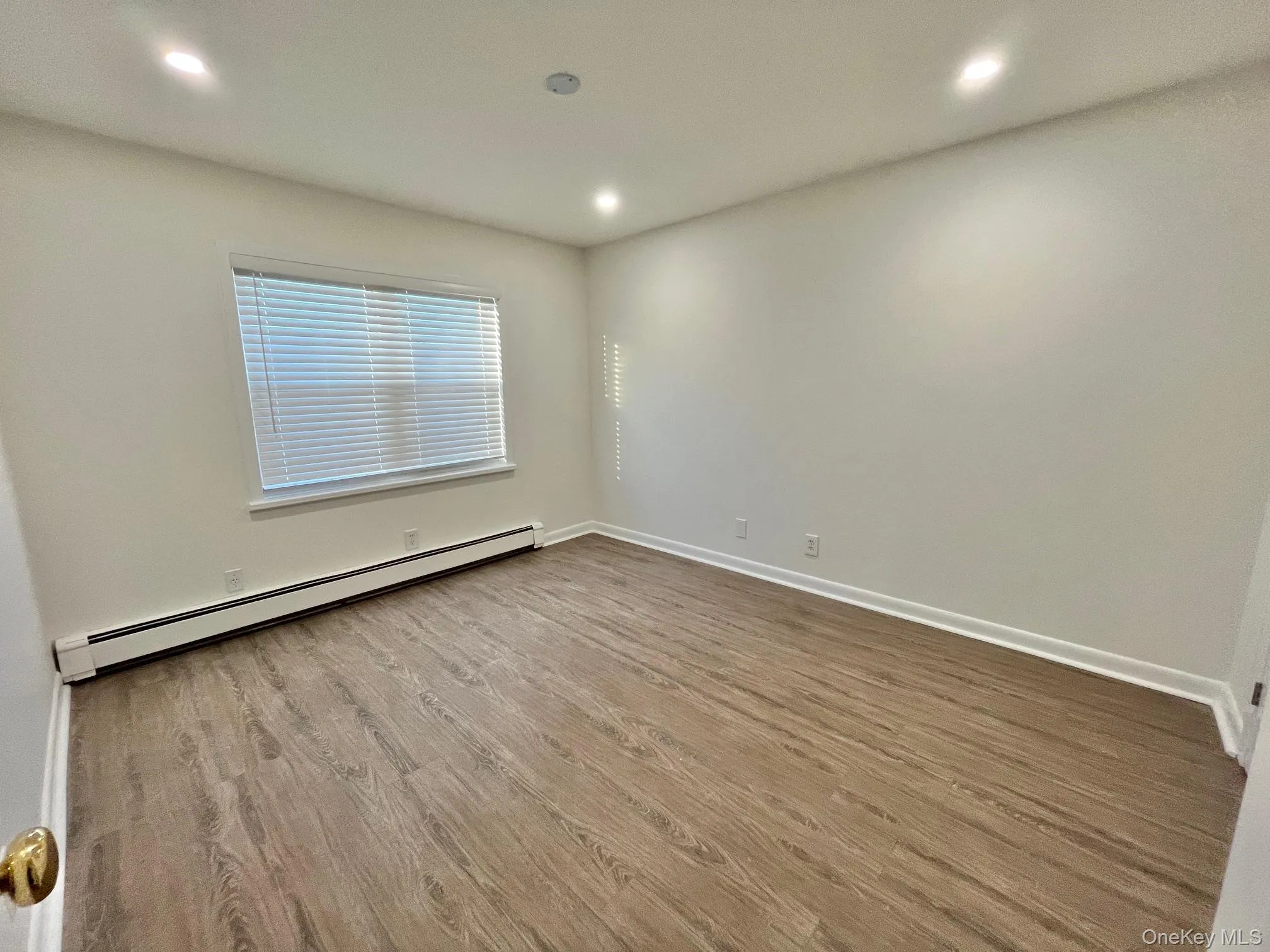 Bedroom featuring a baseboard radiator, light wood-type flooring, and recessed lighting Bedroom featuring a baseboard radiator, light wood-type flooring, and recessed lighting