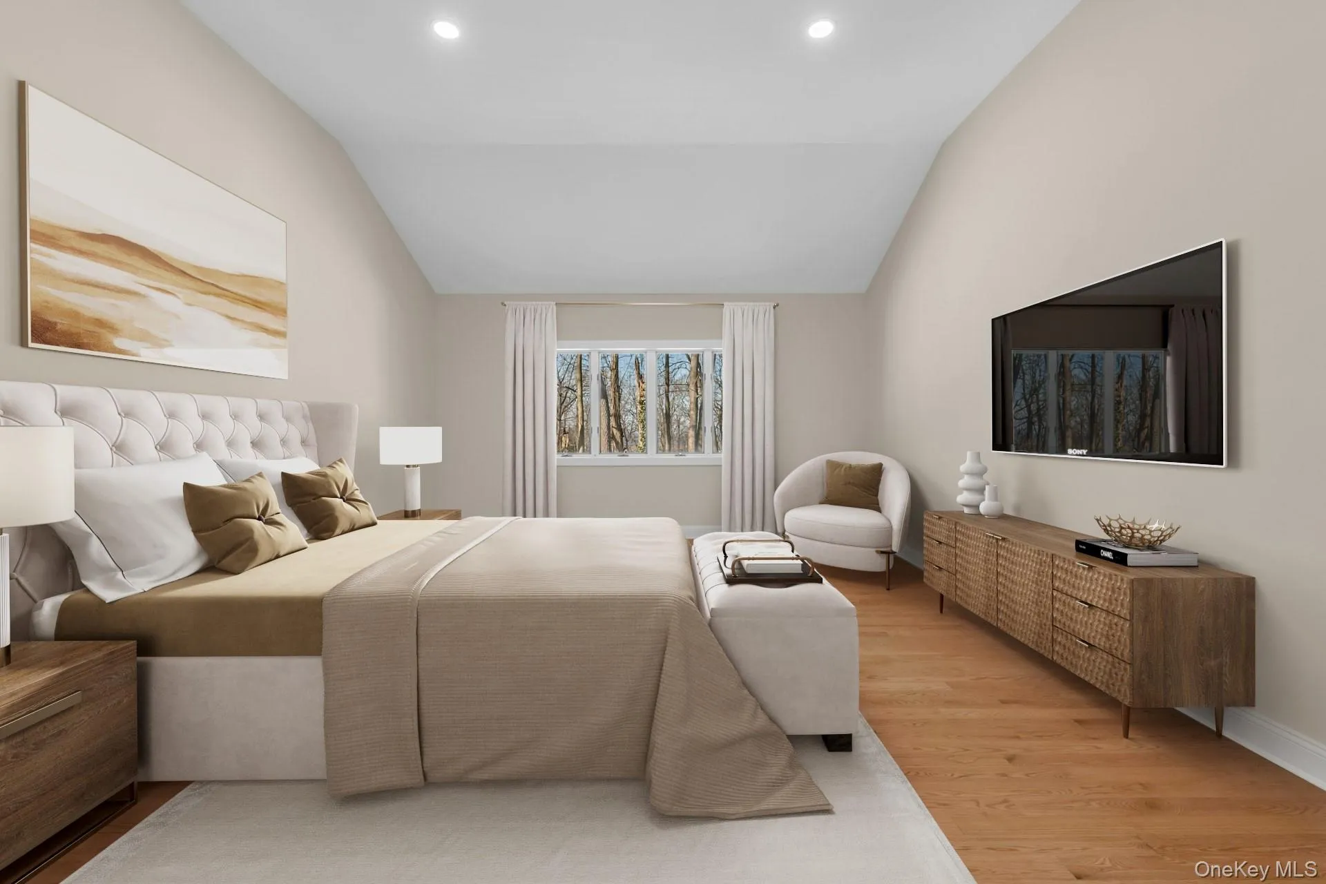 Primary bedroom on the first floor, staged.16ft vaulted ceiling, recessed lighting, Primary bedroom on the first floor, staged.16ft vaulted ceiling, recessed lighting,