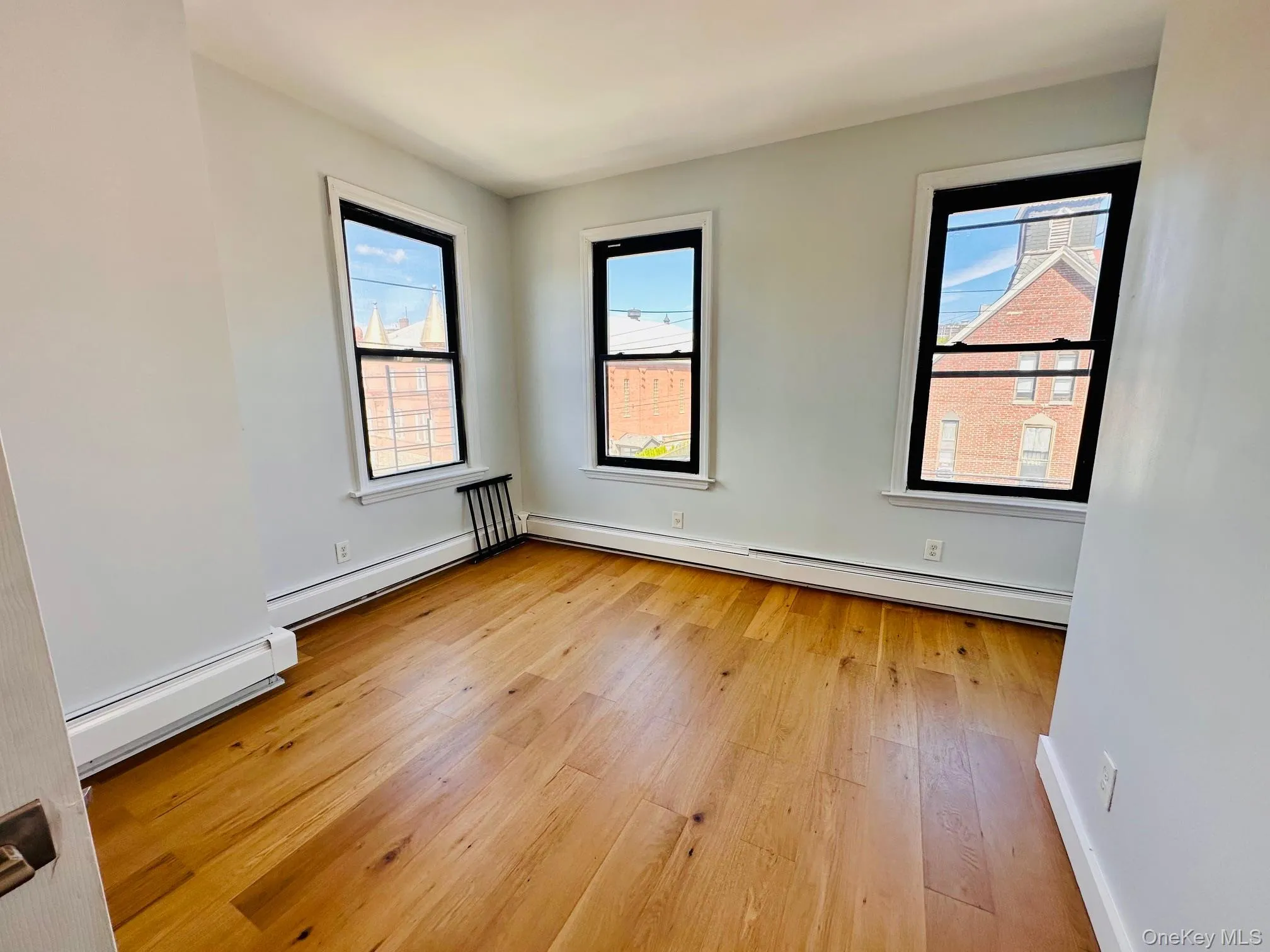 Unfurnished room with a baseboard radiator and light wood-style floors Unfurnished room with a baseboard radiator and light wood-style floors