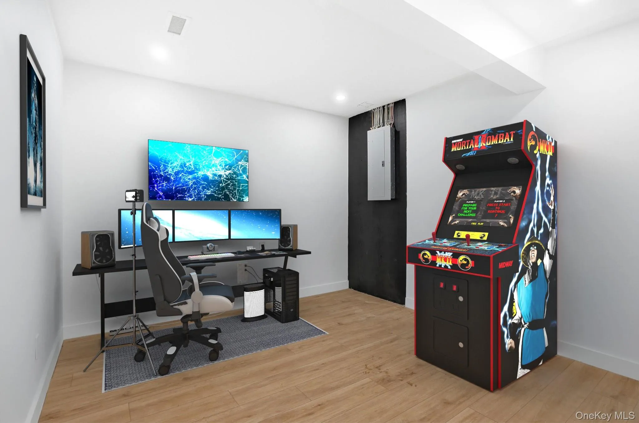 Spacious lower-level media and gaming area virtually staged to illustrate its potential as a fun, family-friendly retreat. Spacious lower-level media and gaming area virtually staged to illustrate its potential as a fun, family-friendly retreat.