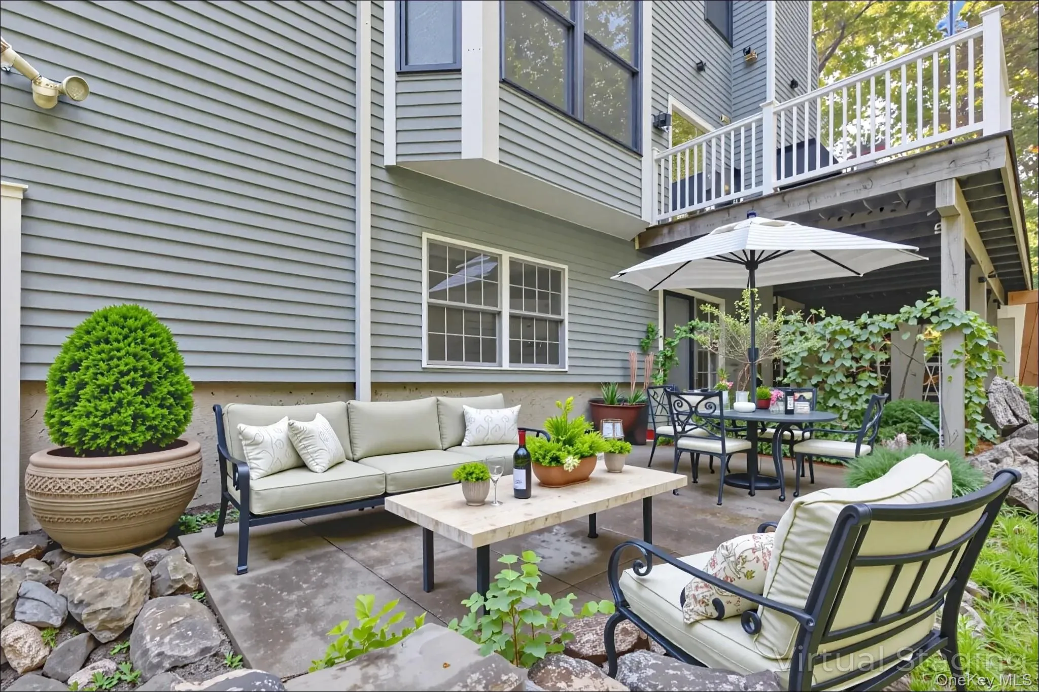 Virtually staged private patio area. Virtually staged private patio area.