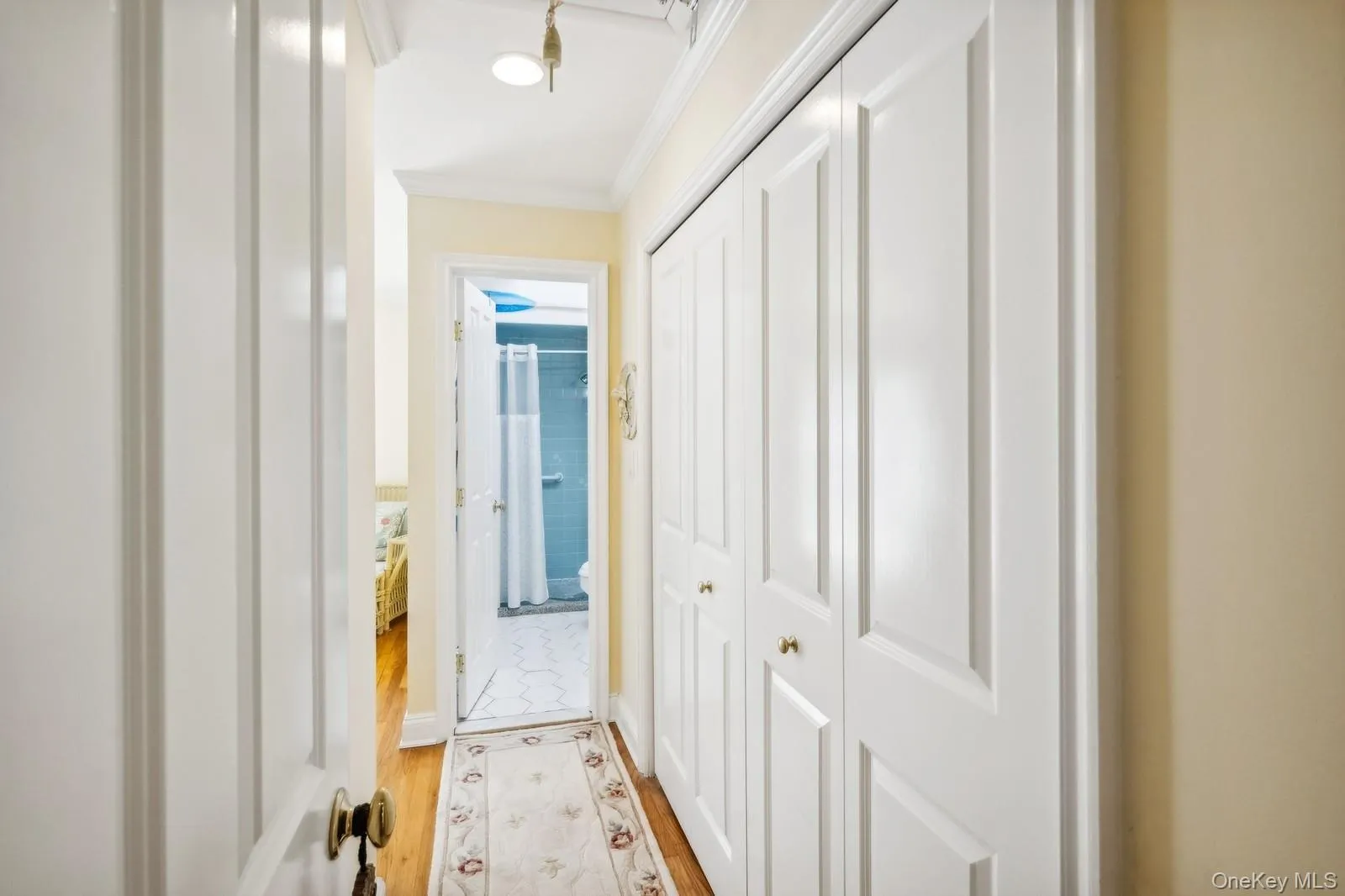 Primary Suite Hallway to Primary Bathroom and Bedroom with hardwood floor and closets Primary Suite Hallway to Primary Bathroom and Bedroom with hardwood floor and closets