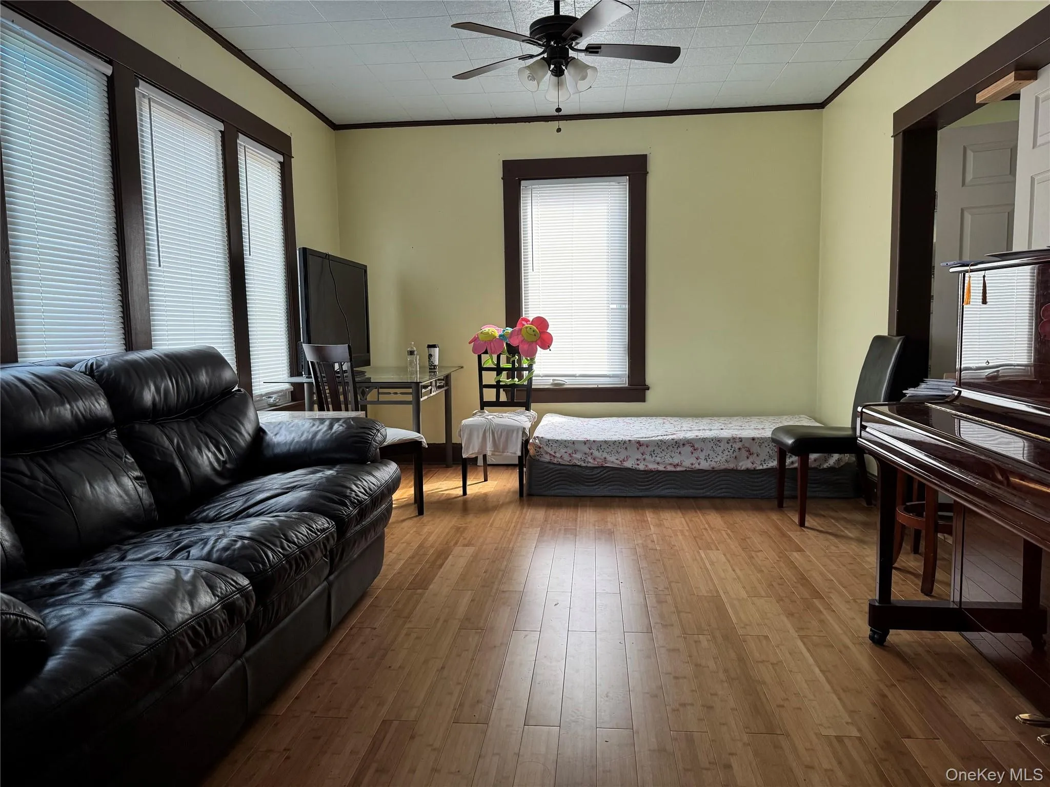 Living area featuring ornamental molding, a ceiling fan, and wood finished floors Living area featuring ornamental molding, a ceiling fan, and wood finished floors
