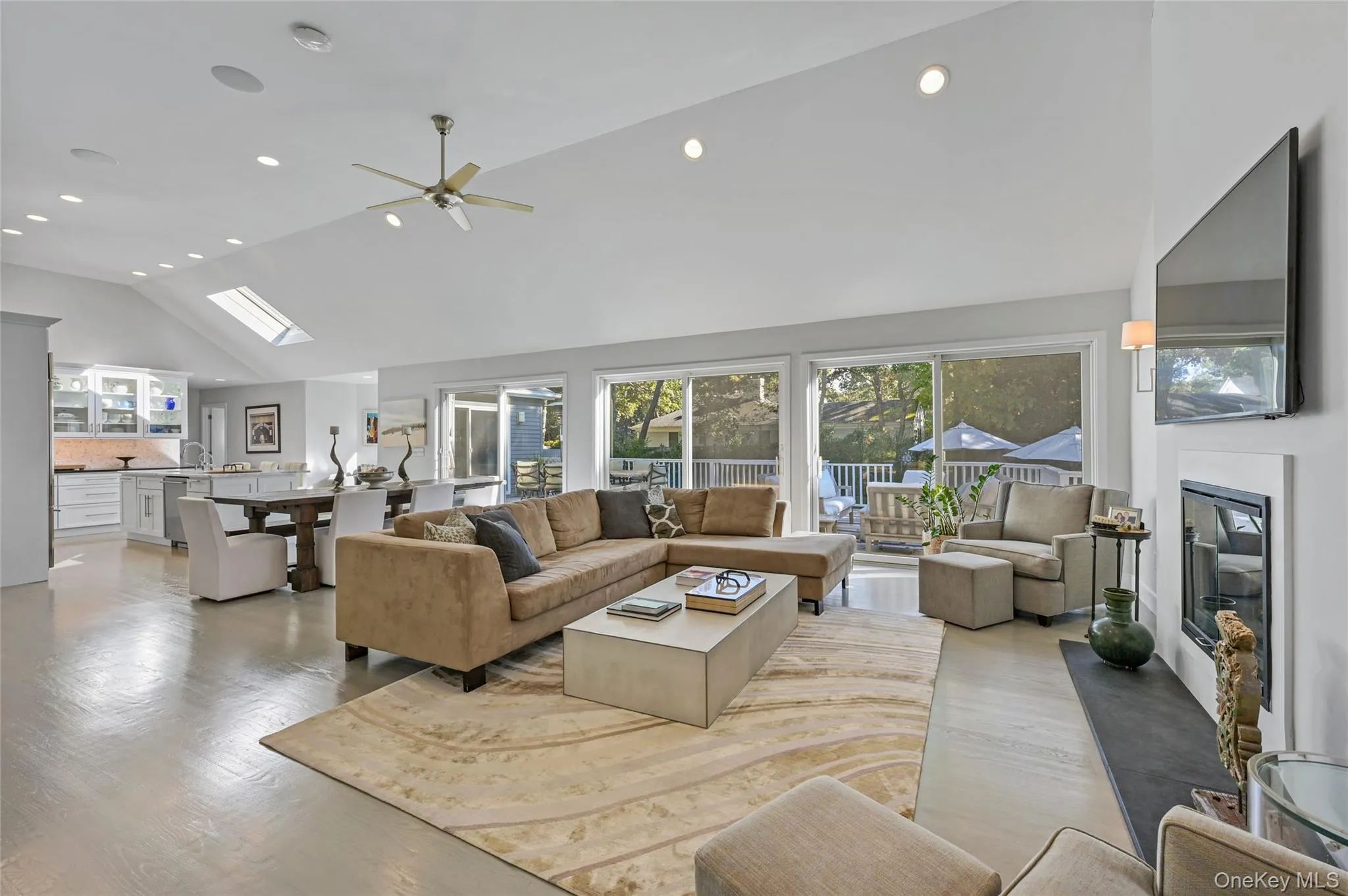 Living room featuring light hardwood / wood-style flooring, a skylight, plenty of natural light, and high vaulted ceiling Living room featuring light hardwood / wood-style flooring, a skylight, plenty of natural light, and high vaulted ceiling