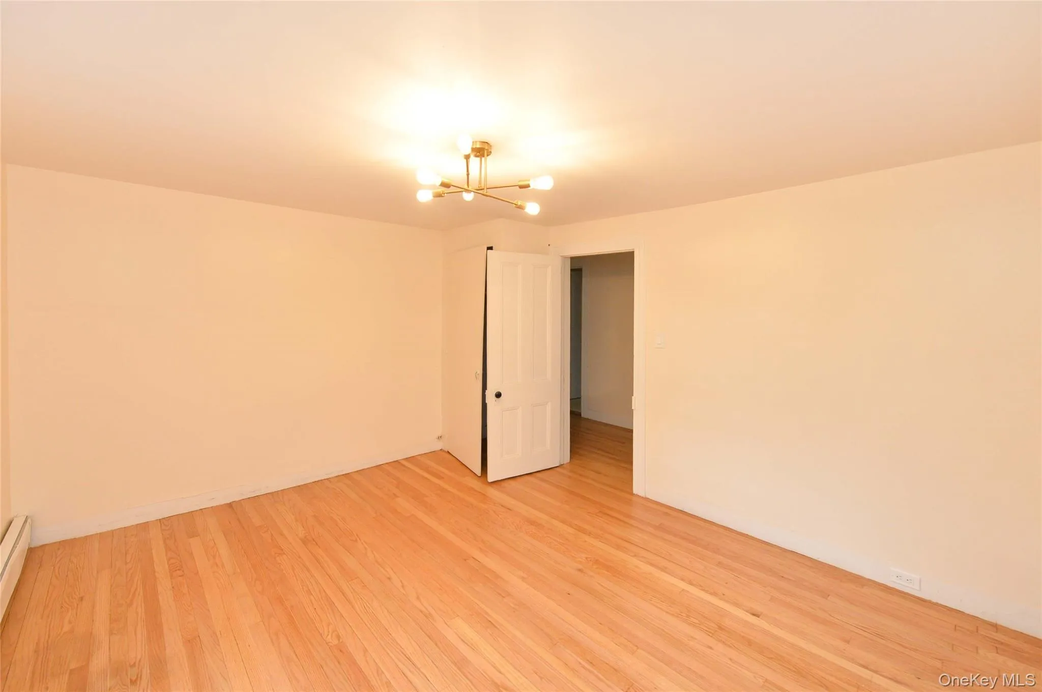 Empty room featuring a chandelier, light wood finished floors, and baseboard heating Empty room featuring a chandelier, light wood finished floors, and baseboard heating