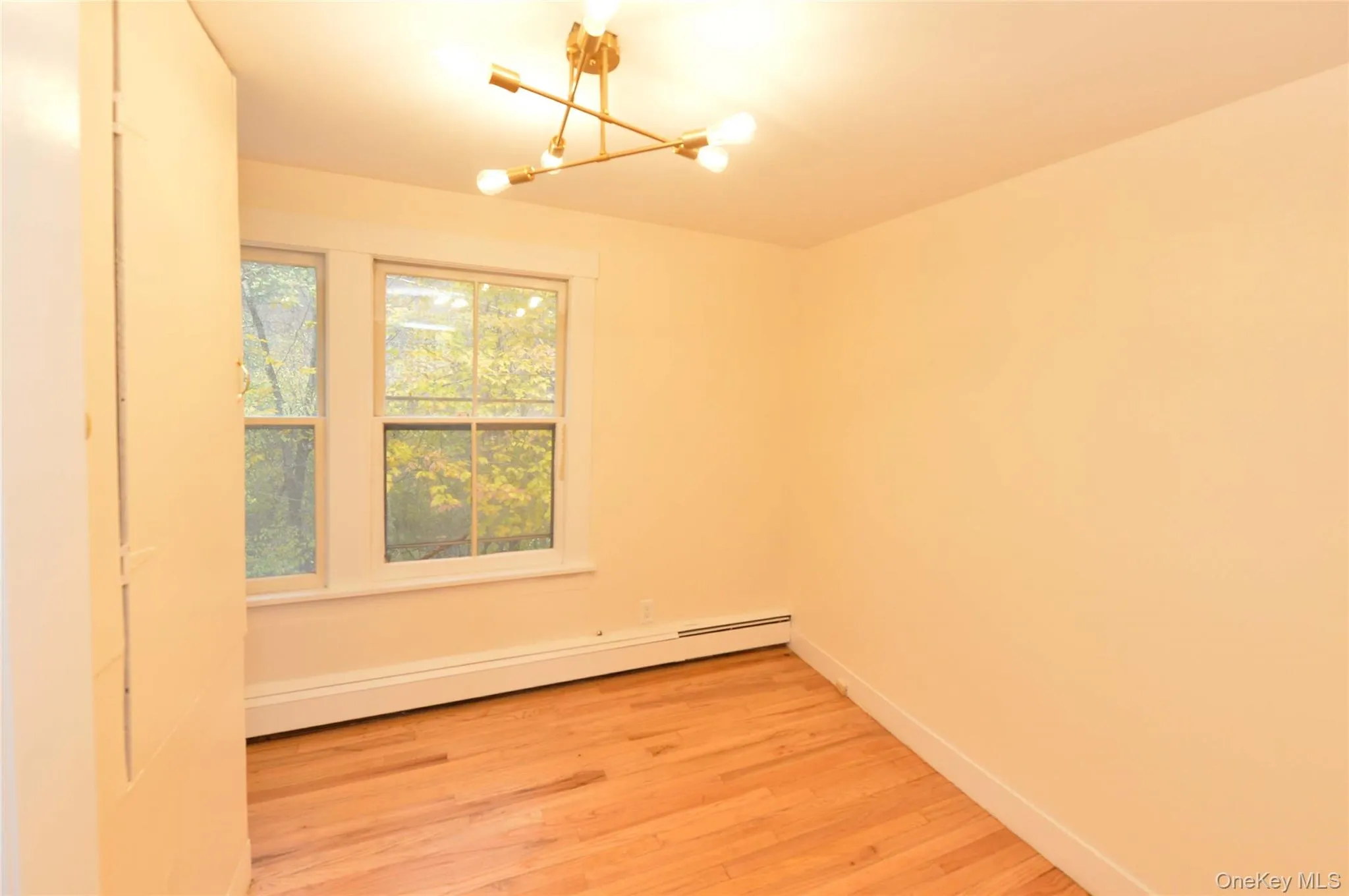 Empty room with light wood-style flooring, a baseboard radiator, and a chandelier Empty room with light wood-style flooring, a baseboard radiator, and a chandelier