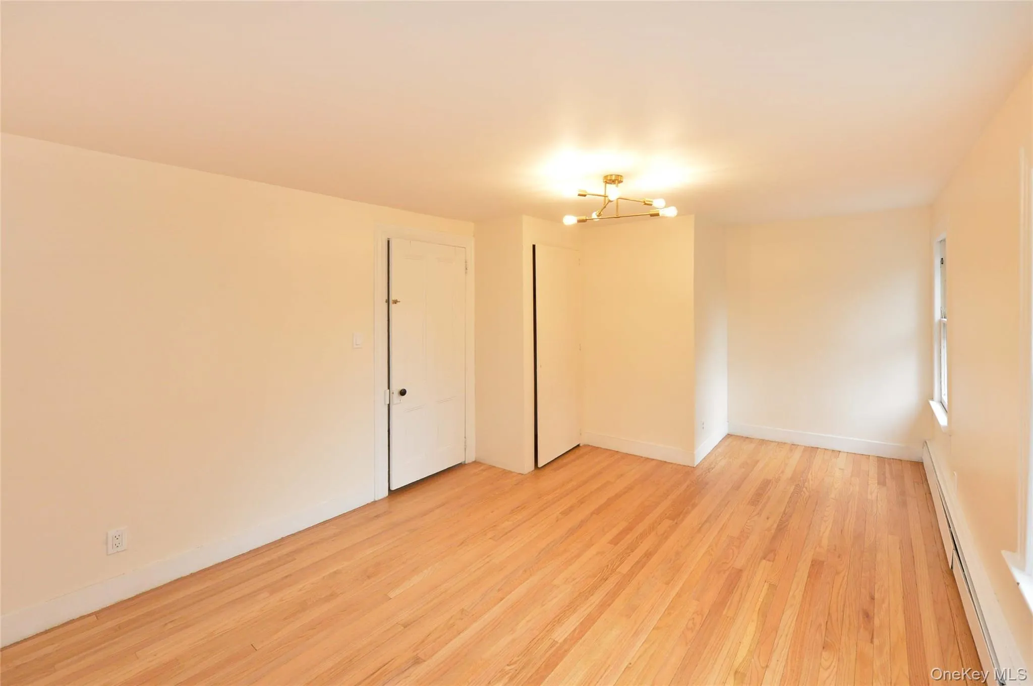 Unfurnished room with baseboard heating, light wood finished floors, and a chandelier Unfurnished room with baseboard heating, light wood finished floors, and a chandelier