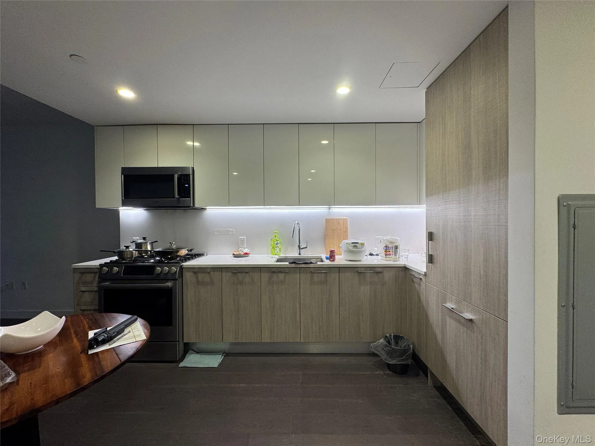 Kitchen with stainless steel appliances, modern cabinets, electric panel, and recessed lighting Kitchen with stainless steel appliances, modern cabinets, electric panel, and recessed lighting