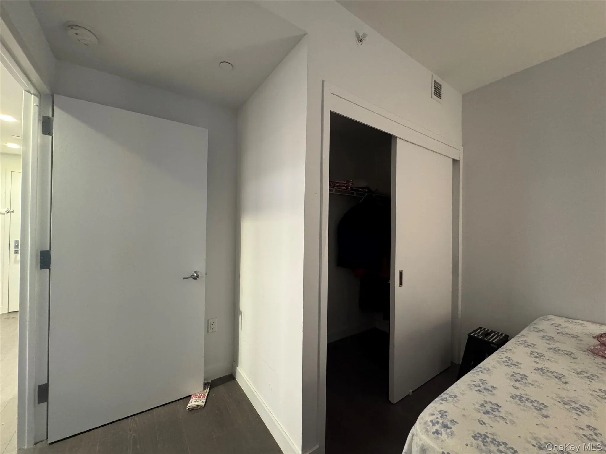 Bedroom featuring dark wood-style floors and a walk in closet Bedroom featuring dark wood-style floors and a walk in closet