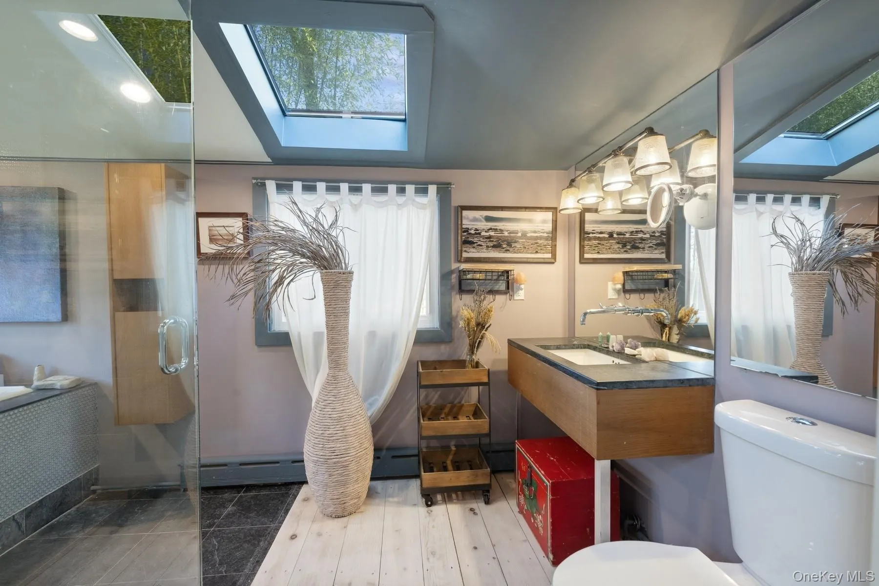 Bathroom with toilet, a wealth of natural light, and vaulted ceiling with skylight Bathroom with toilet, a wealth of natural light, and vaulted ceiling with skylight