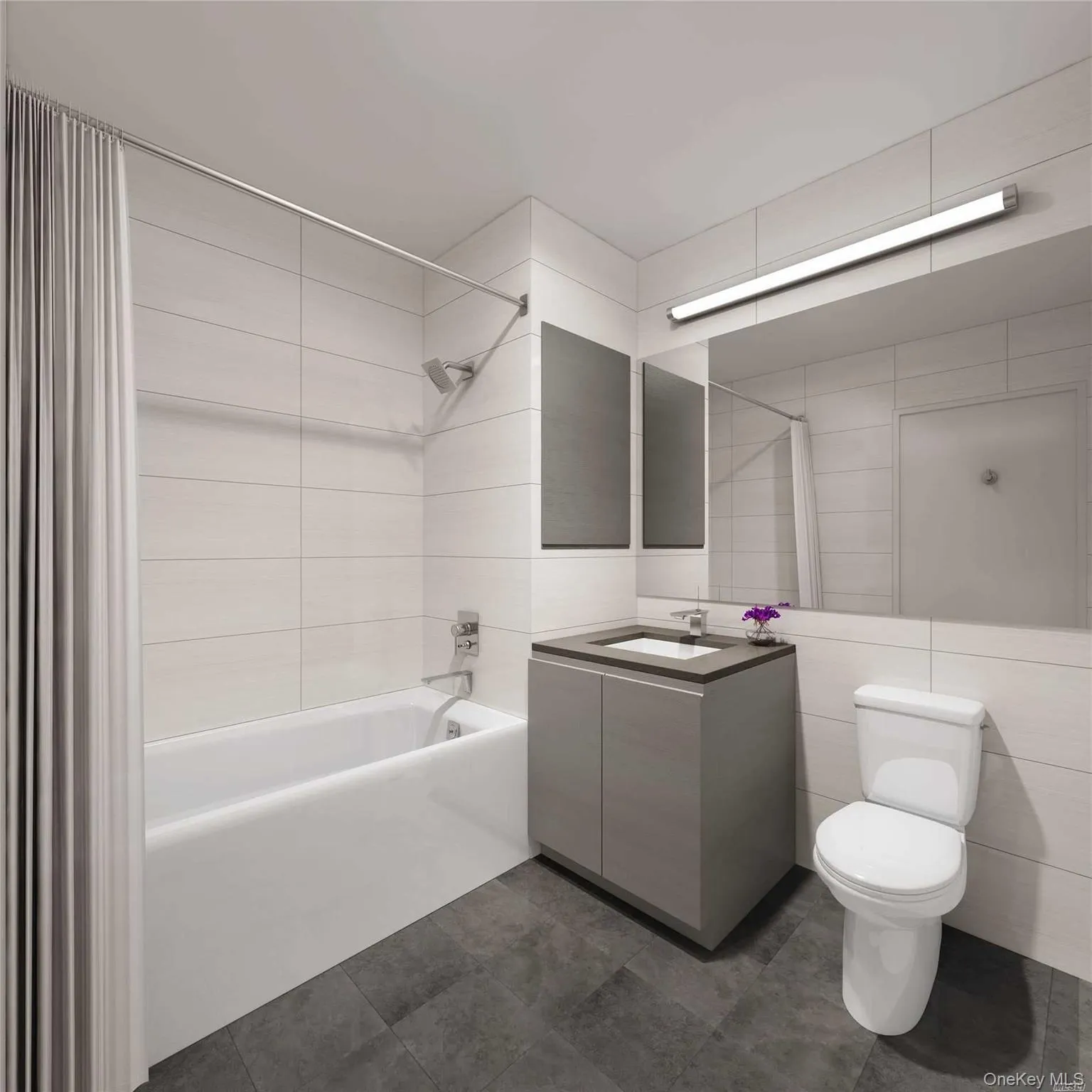 Full bathroom featuring shower combination, tile patterned flooring, and vanity Full bathroom featuring shower combination, tile patterned flooring, and vanity