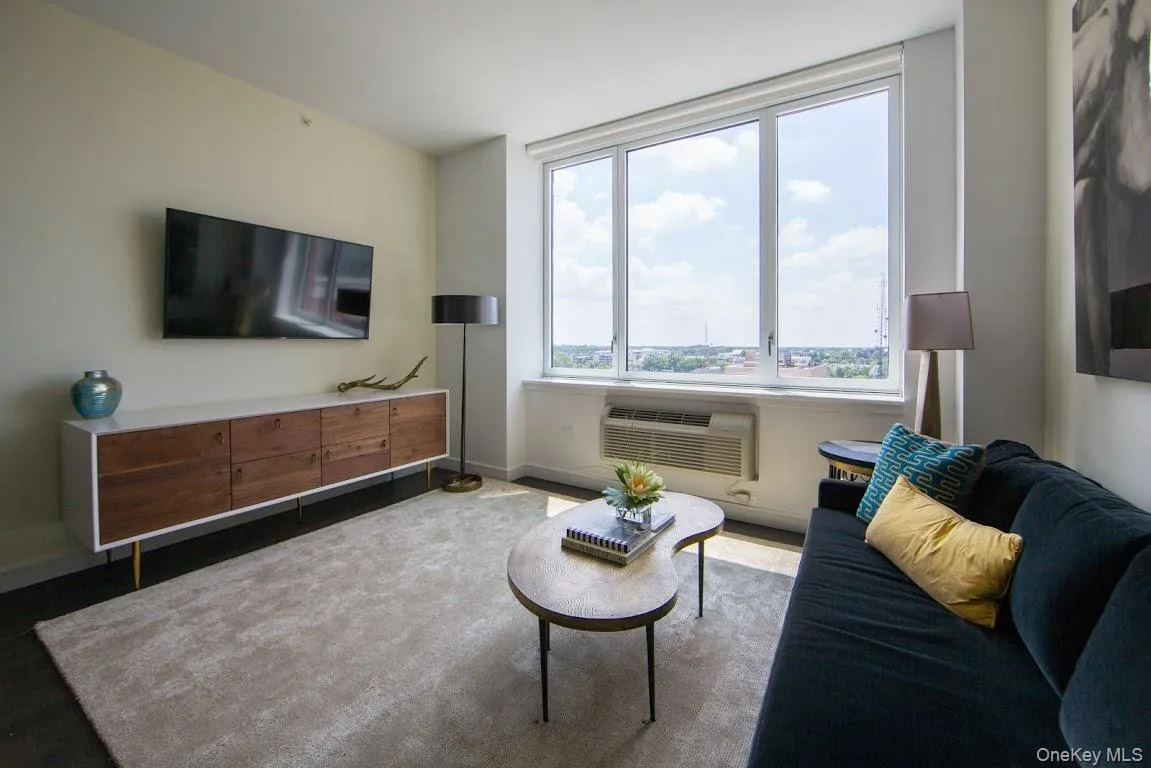 Living room featuring a wall unit AC and wood finished floors Living room featuring a wall unit AC and wood finished floors