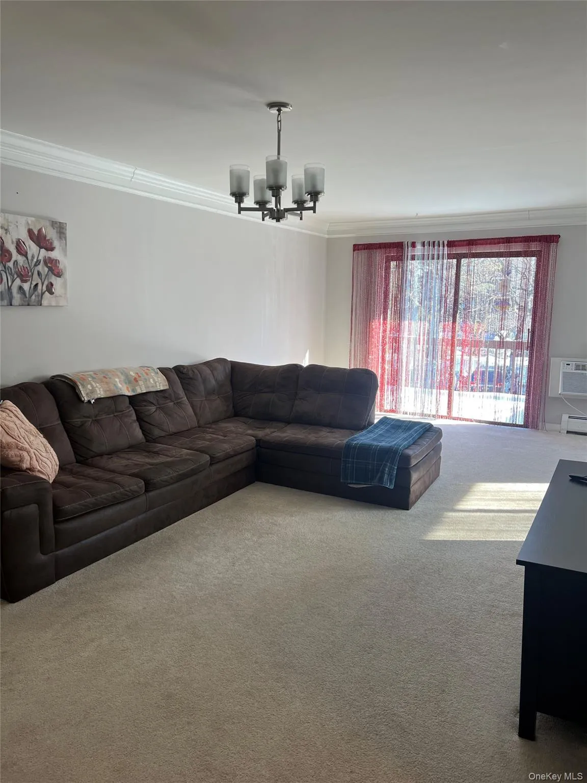 Freshly painted living room with sliders to deck and carpeting Freshly painted living room with sliders to deck and carpeting