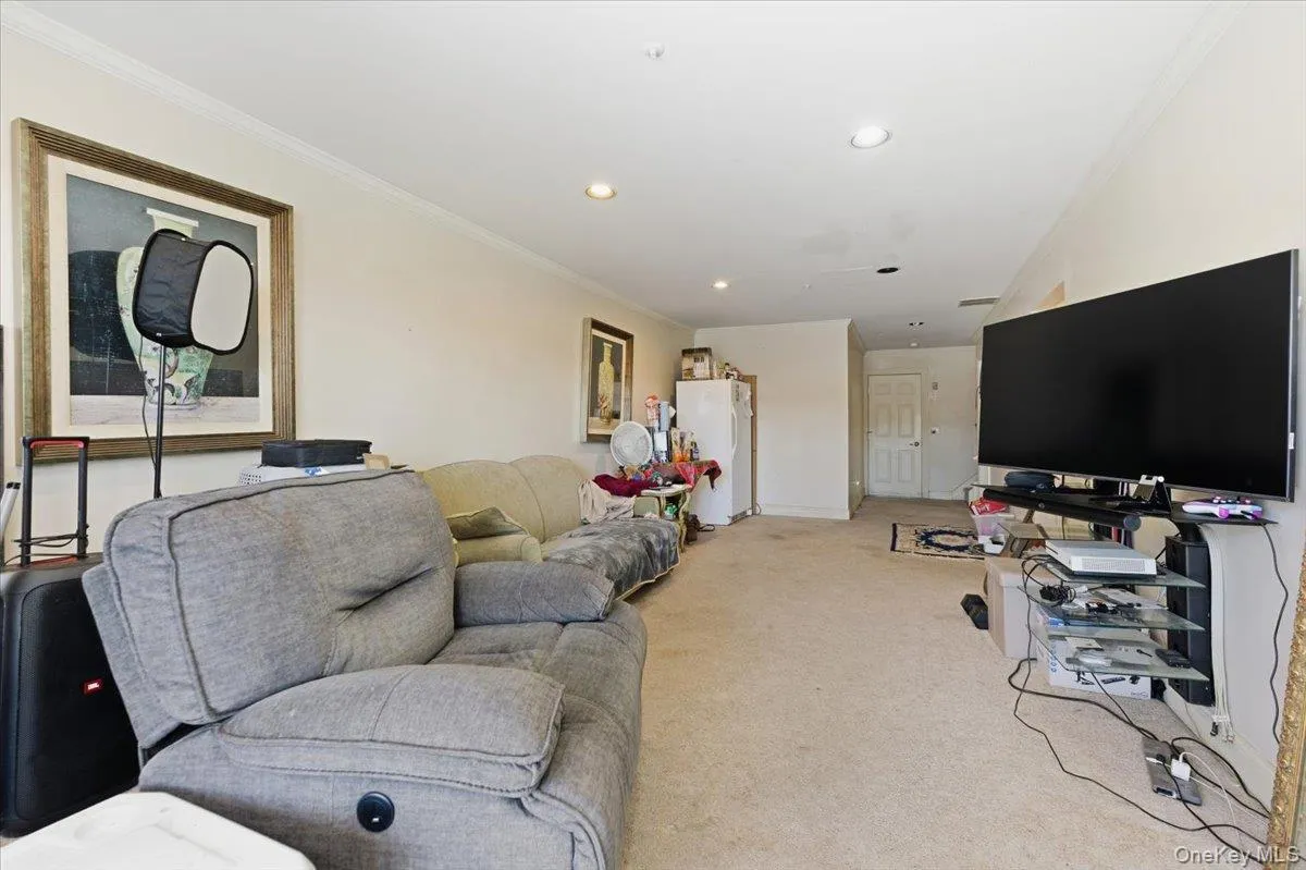 Lower level recreation area with crown molding, carpet, and recessed lighting Lower level recreation area with crown molding, carpet, and recessed lighting