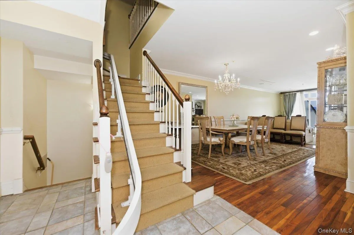Dining space featuring ornamental molding, hardwood / wood-style flooring, and hanging lights Dining space featuring ornamental molding, hardwood / wood-style flooring, and hanging lights