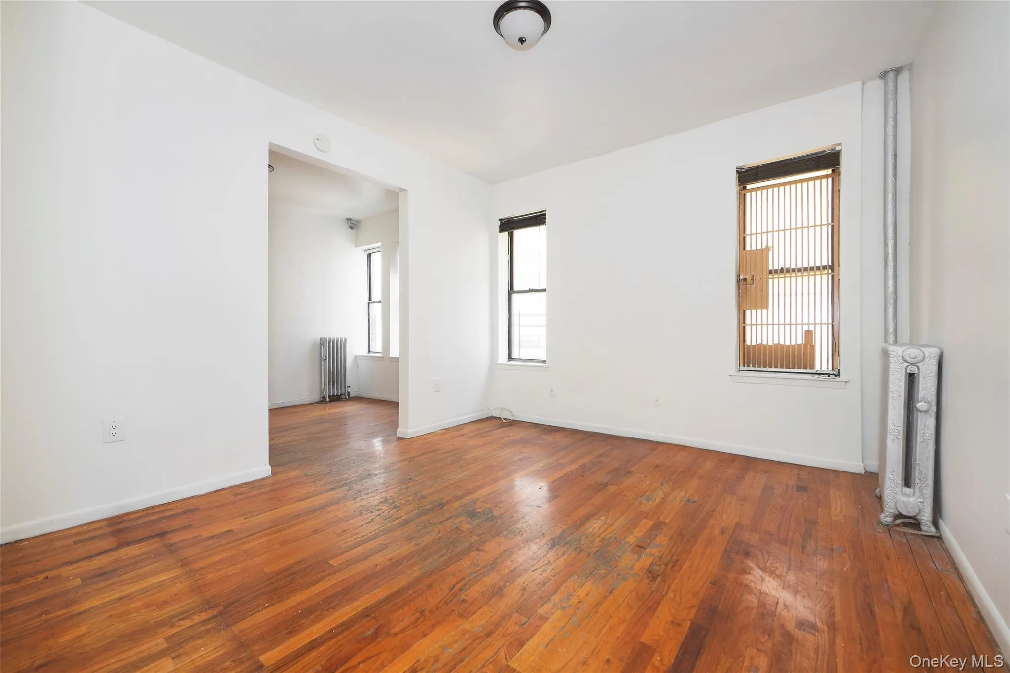 North facing Living room with hardwood / wood-style floors and radiator heating unit North facing Living room with hardwood / wood-style floors and radiator heating unit