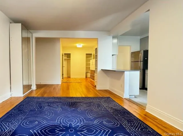 Alcove space + 2 built-in storage closets with light wood-style flooring and baseboards Alcove space + 2 built-in storage closets with light wood-style flooring and baseboards