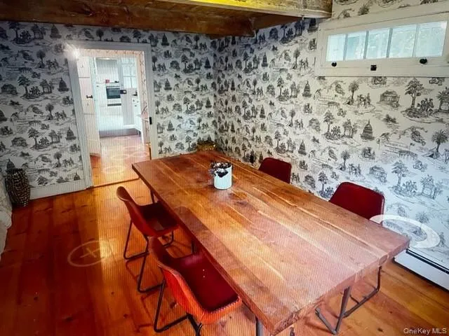 Dining area with wood-type flooring and wallpapered walls Dining area with wood-type flooring and wallpapered walls