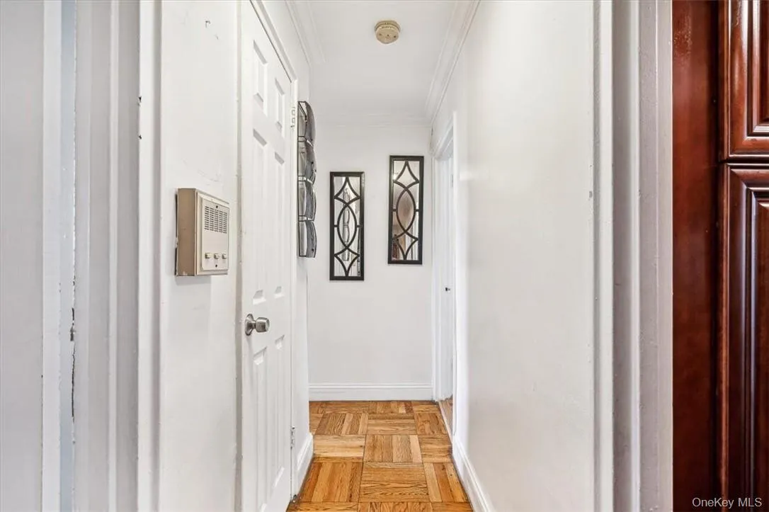 Hall featuring ornamental molding and light parquet flooring Hall featuring ornamental molding and light parquet flooring