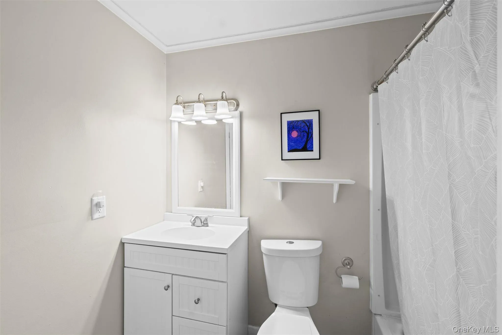 Bathroom with vanity, a shower with curtain, and ornamental molding Bathroom with vanity, a shower with curtain, and ornamental molding