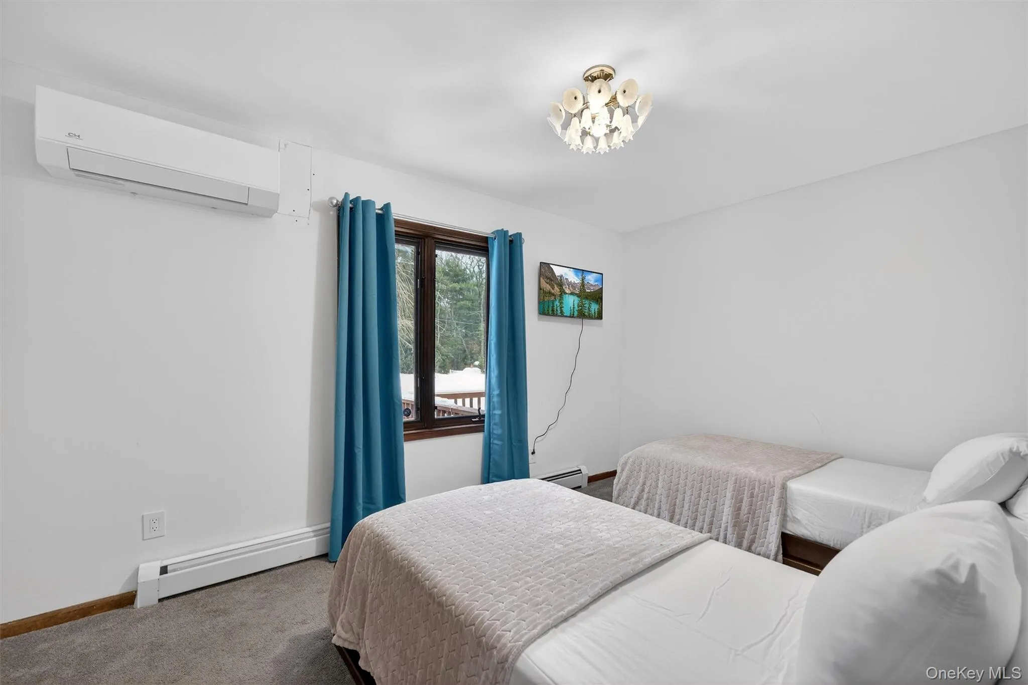 Bedroom with carpet flooring, a baseboard radiator, and hanging lights Bedroom with carpet flooring, a baseboard radiator, and hanging lights