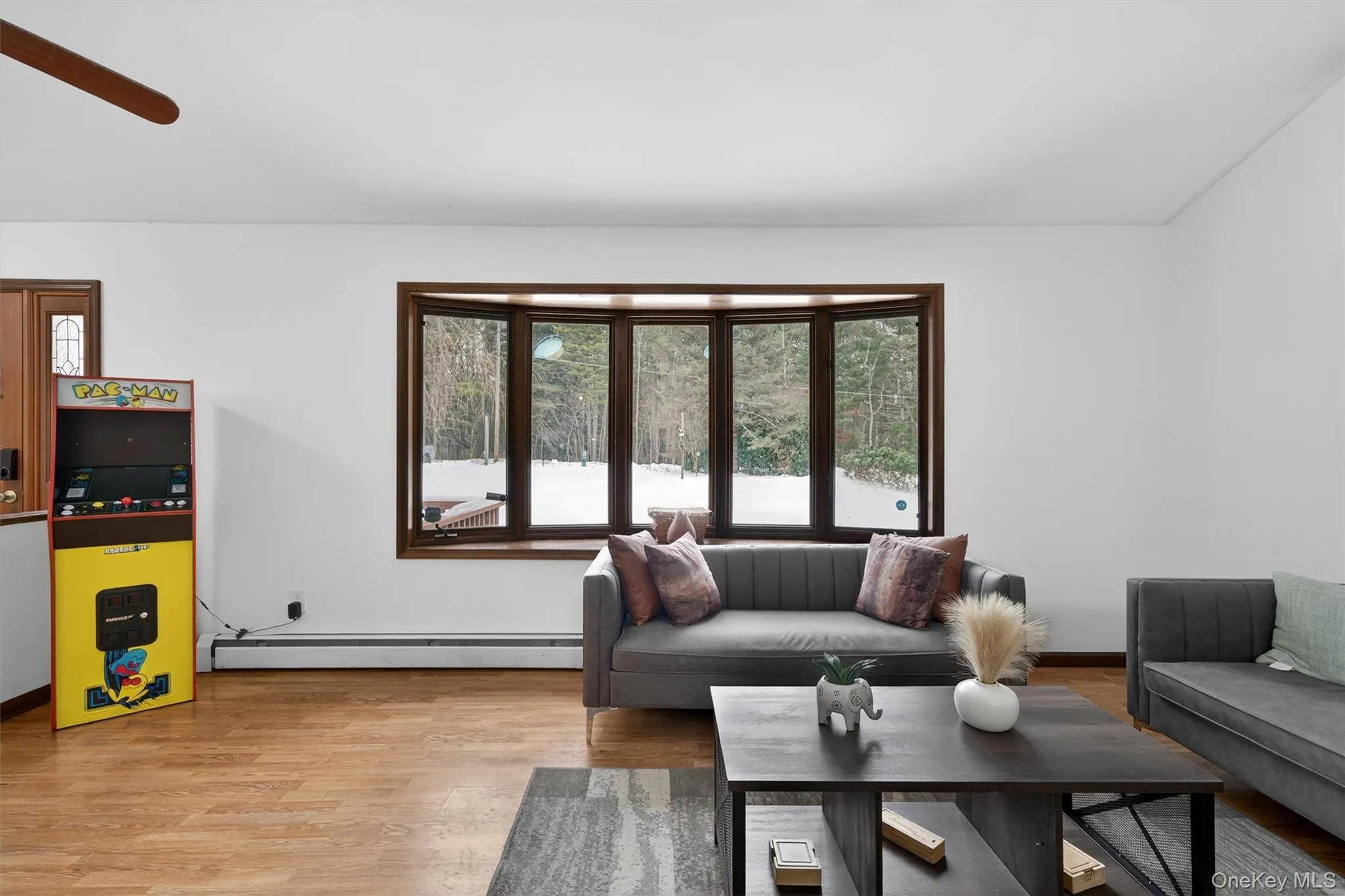 Living room featuring plenty of natural light, light wood-style flooring, a baseboard radiator, and a ceiling fan Living room featuring plenty of natural light, light wood-style flooring, a baseboard radiator, and a ceiling fan